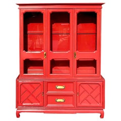 Vintage Regency Coral Red Lacquered American of Martinsville Display Cabinet