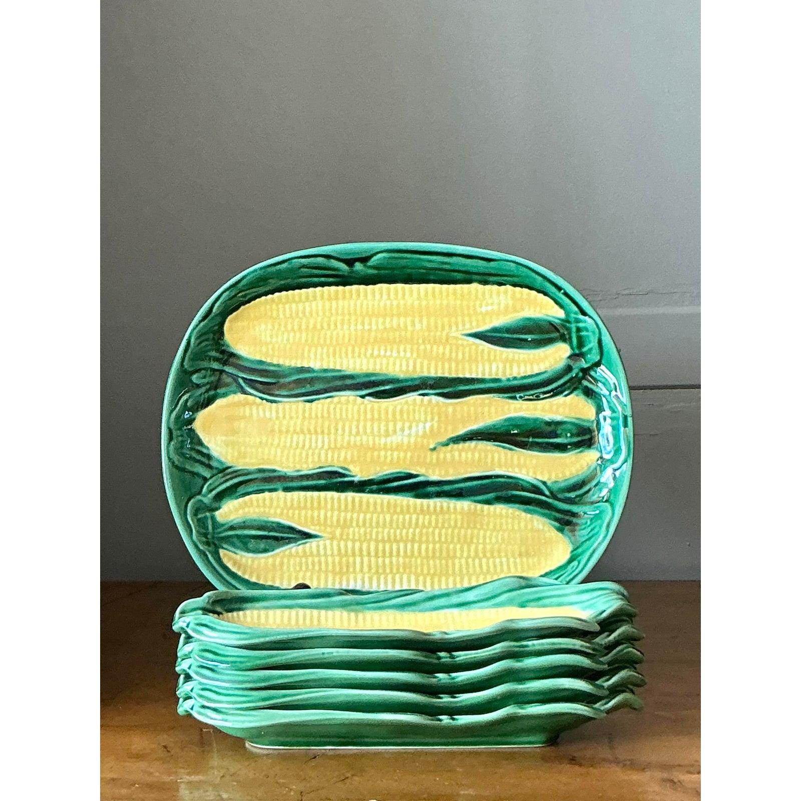 Mid-Century Modern Plateau et assiettes en épi de maïs Vintage Regency - Lot de 6 en vente