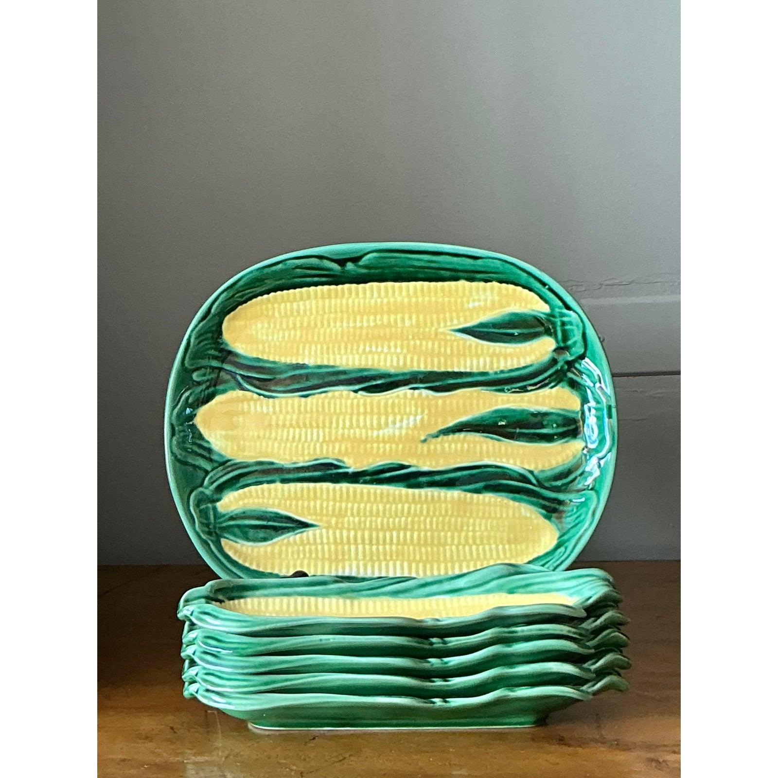 Plateau et assiettes en épi de maïs Vintage Regency - Lot de 6 Bon état - En vente à West Palm Beach, FL