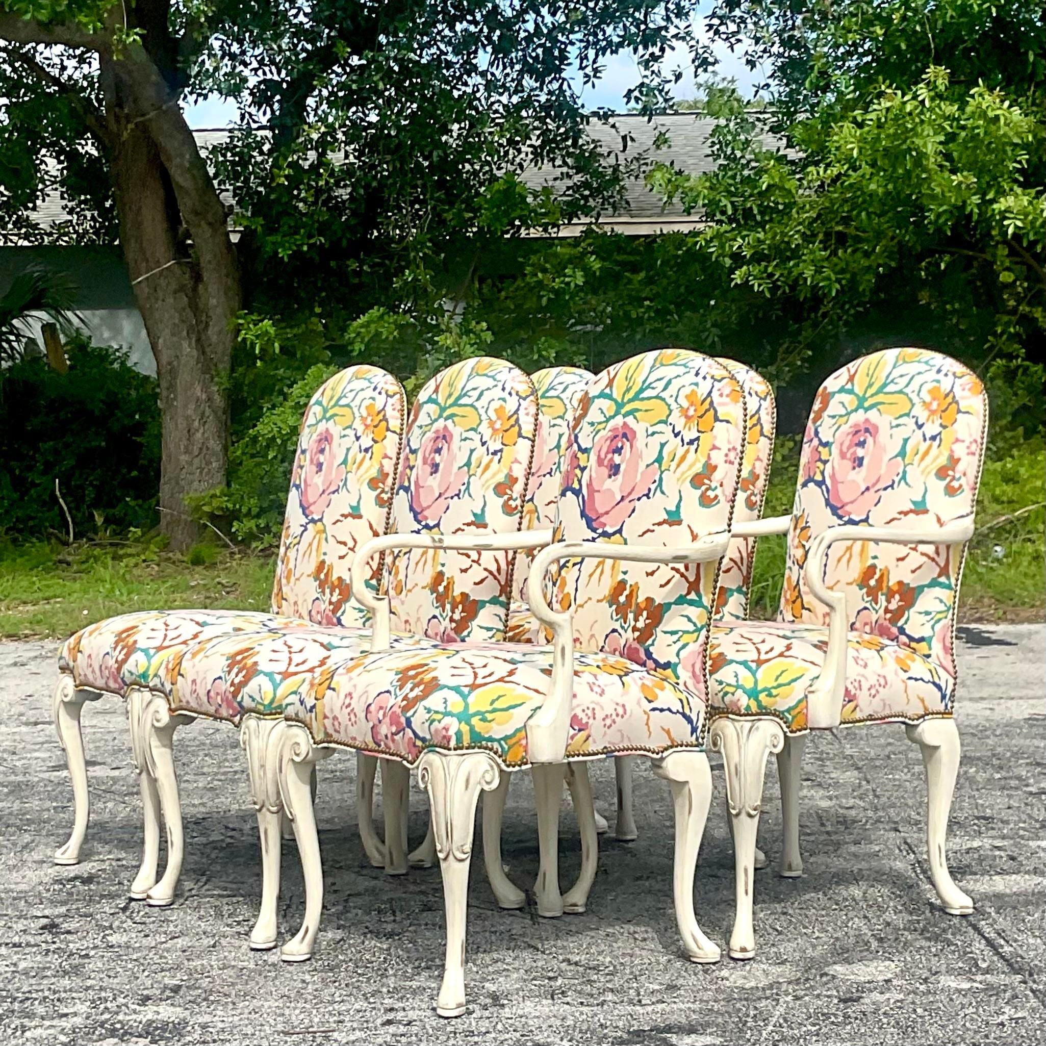 Vintage Regency Councill Floral Dining Chairs - Set of 6 In Good Condition In west palm beach, FL