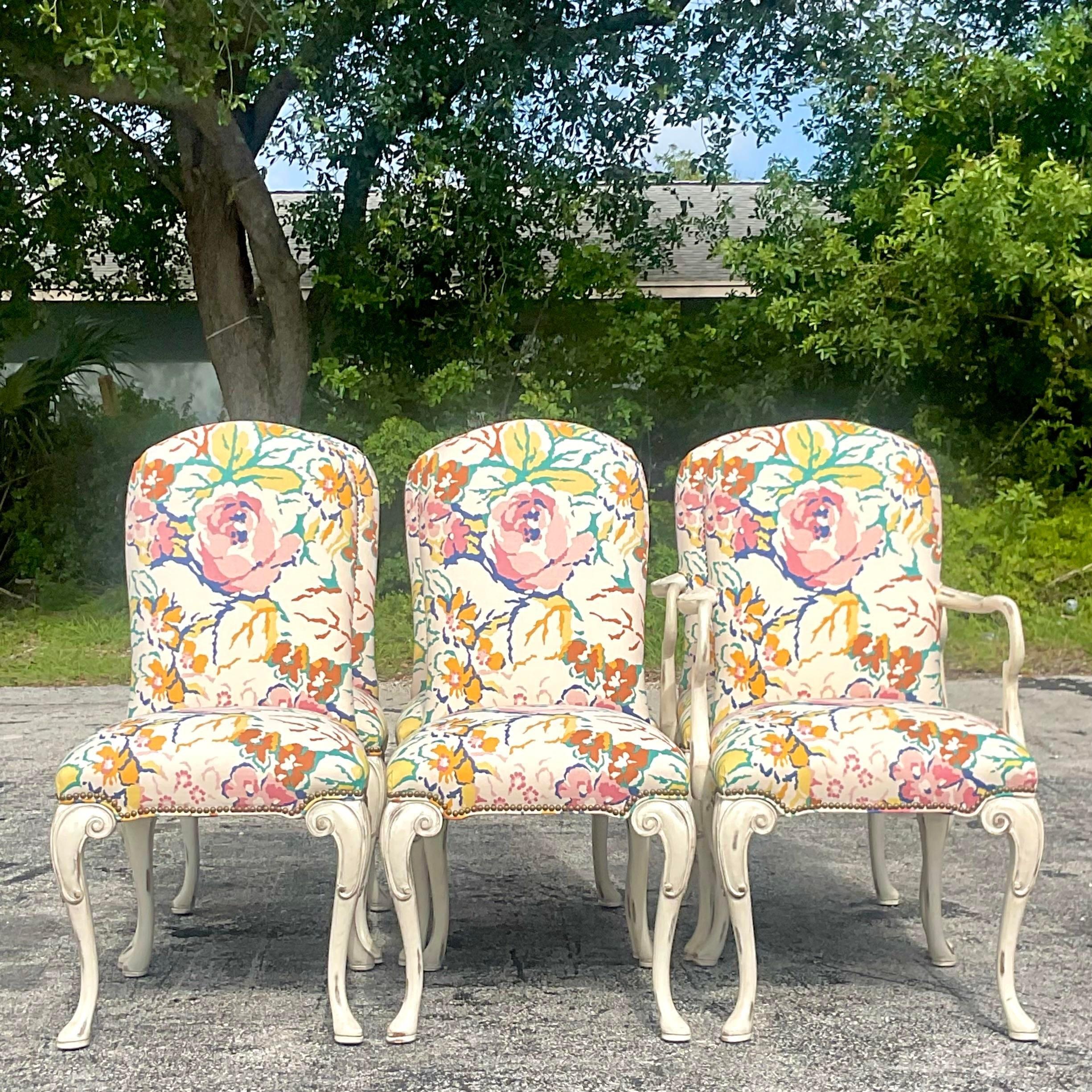 20th Century Vintage Regency Councill Floral Dining Chairs - Set of 6