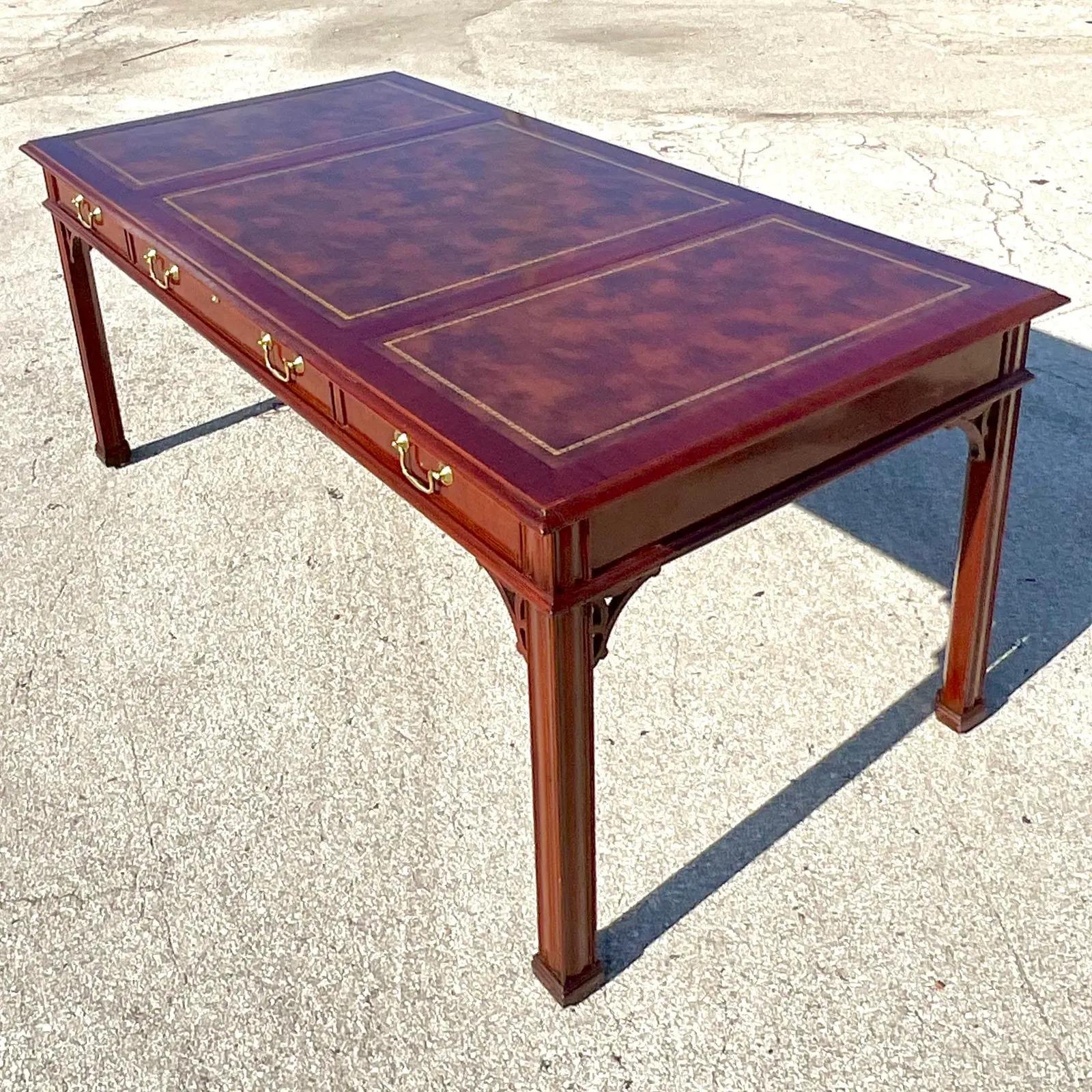 Vintage Regency Councill Furniture Fretwork Leather Top Writing Desk In Good Condition In west palm beach, FL