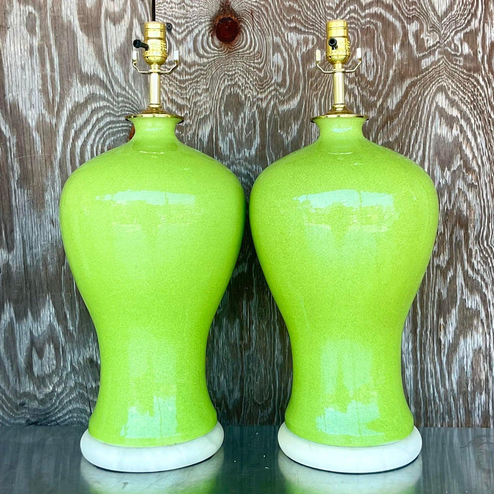 Vintage Regency Crackle Glazed Ceramic Lamps on Alabaster - a Pair In Good Condition For Sale In west palm beach, FL