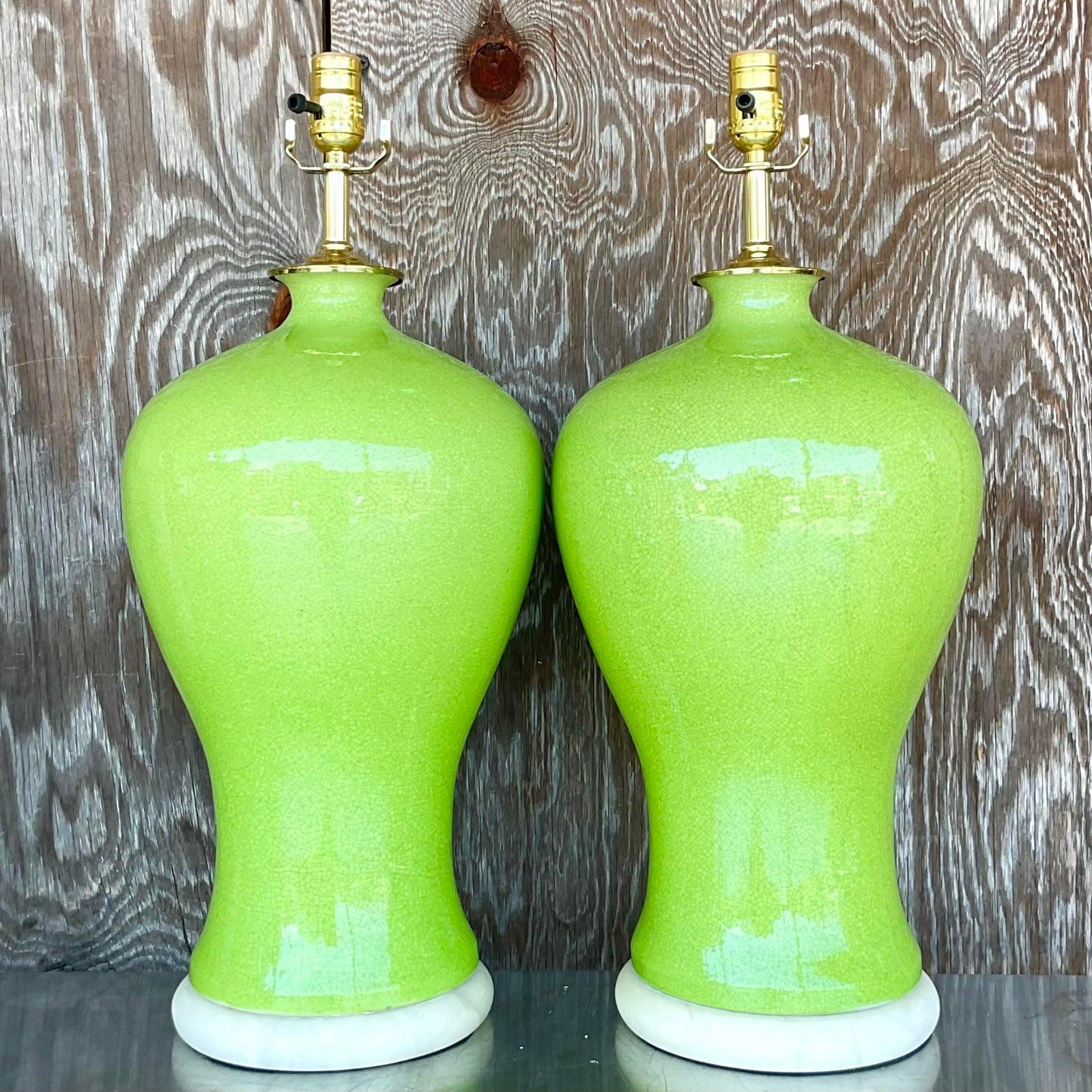 Vintage Regency Crackle Glazed Ceramic Lamps on Alabaster - a Pair For Sale 1