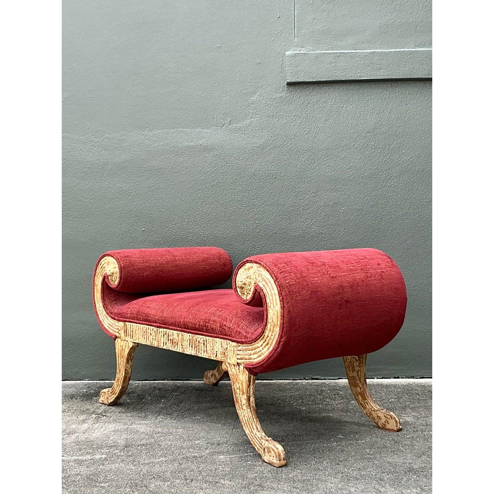 American Vintage Regency Crackle Scroll Bench For Sale