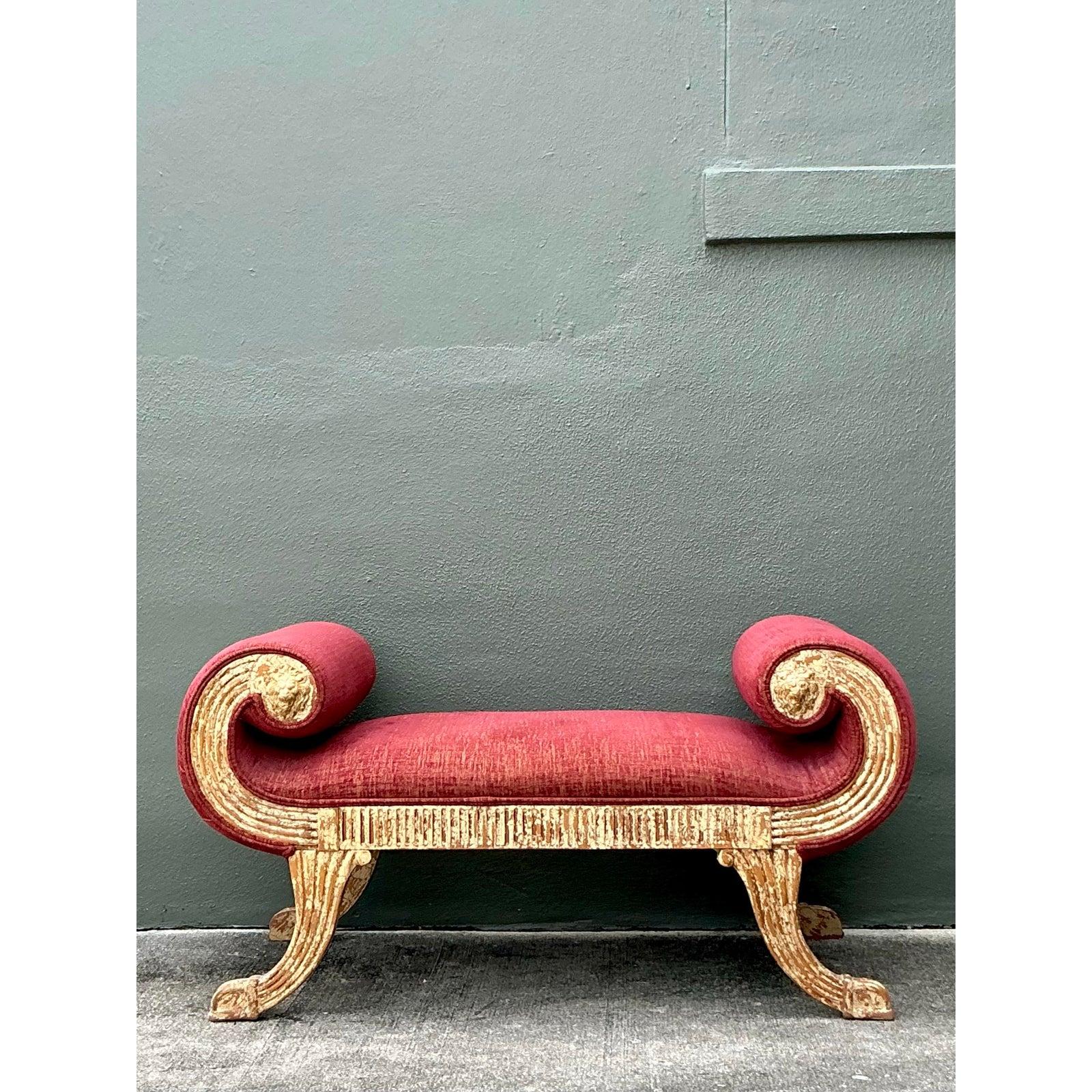 Vintage Regency Crackle Scroll Bench In Good Condition For Sale In West Palm Beach, FL