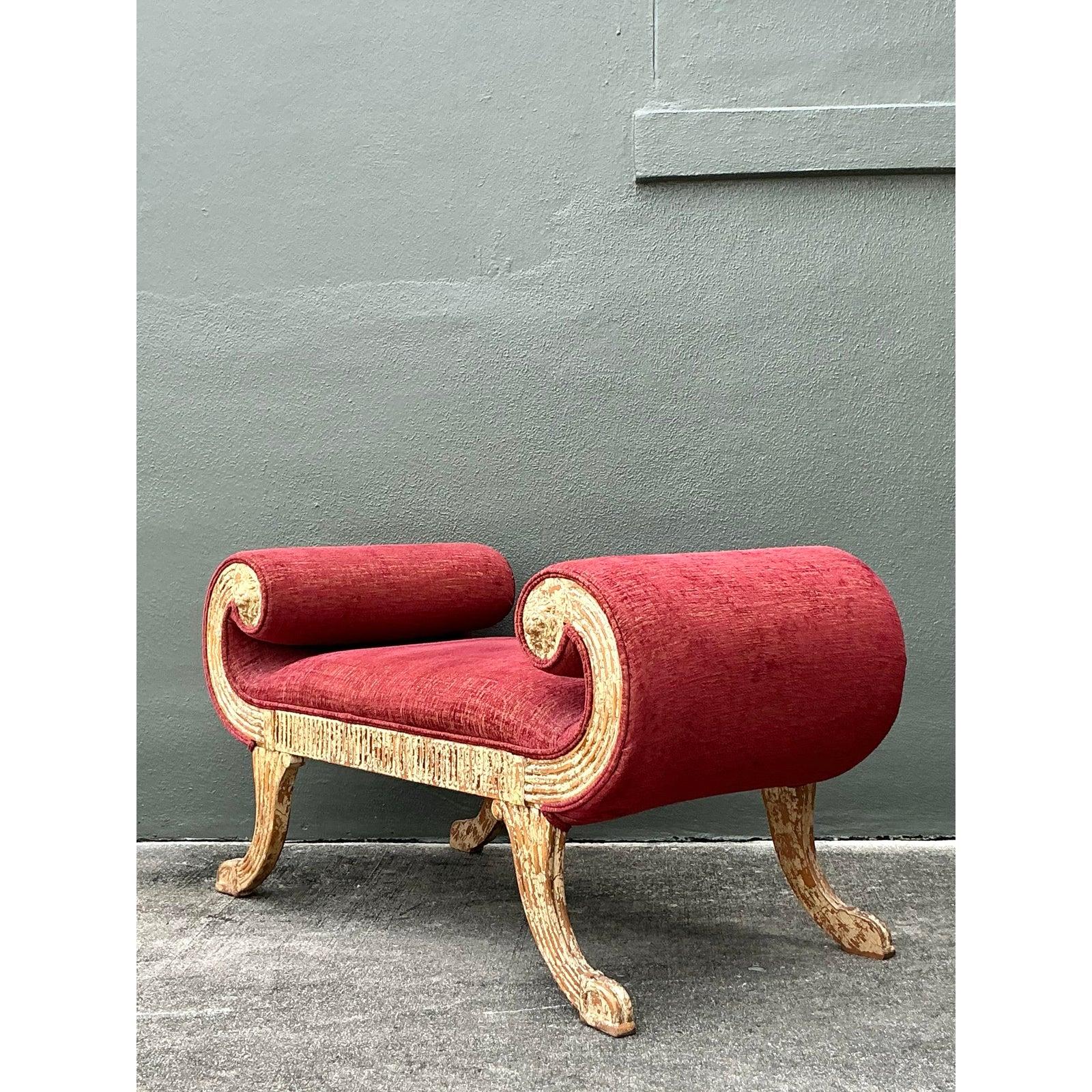 20th Century Vintage Regency Crackle Scroll Bench For Sale