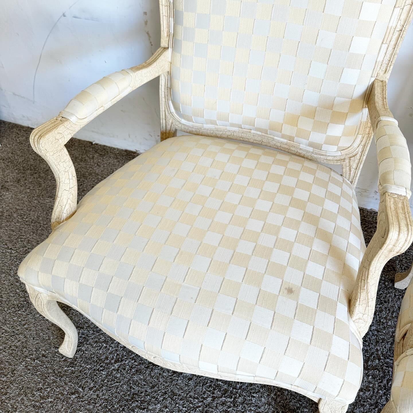 Vintage Regency Cream Crackled Finish Arm Chairs - a Pair In Good Condition For Sale In Delray Beach, FL