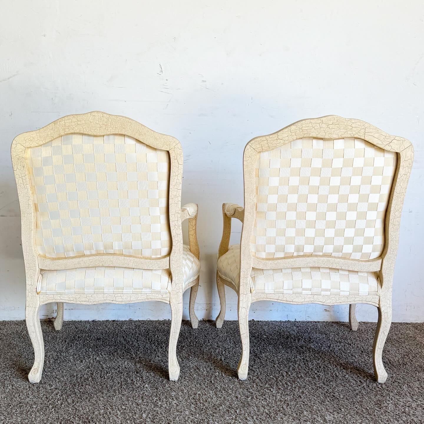 Late 20th Century Vintage Regency Cream Crackled Finish Arm Chairs - a Pair For Sale