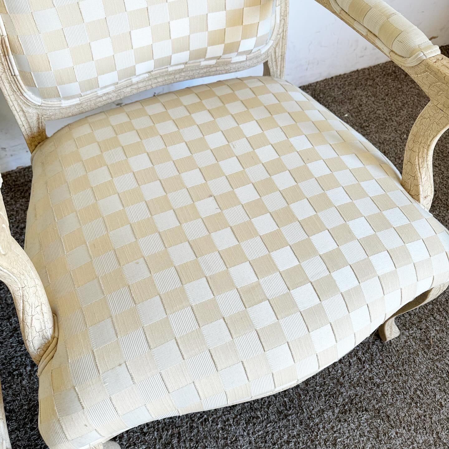 Upholstery Vintage Regency Cream Crackled Finish Arm Chairs - a Pair For Sale