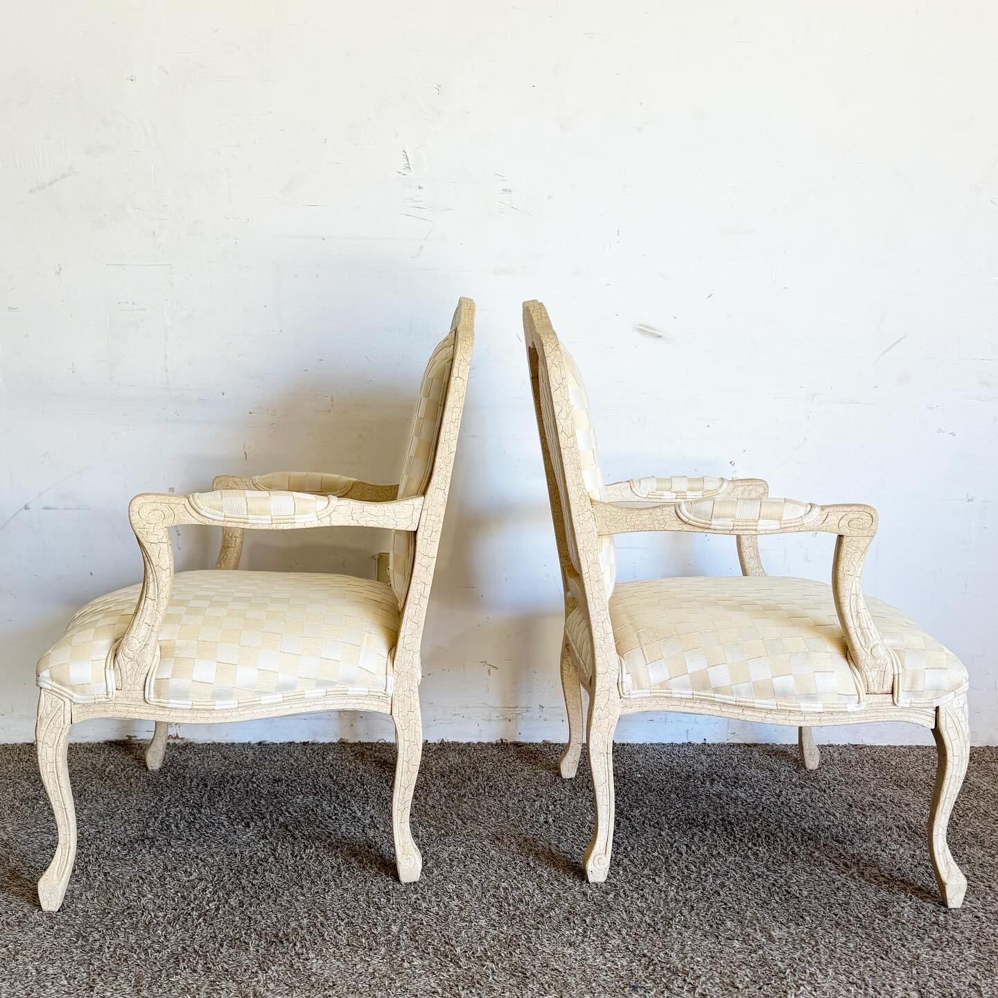 Vintage Regency Cream Crackled Finish Arm Chairs - a Pair For Sale 2