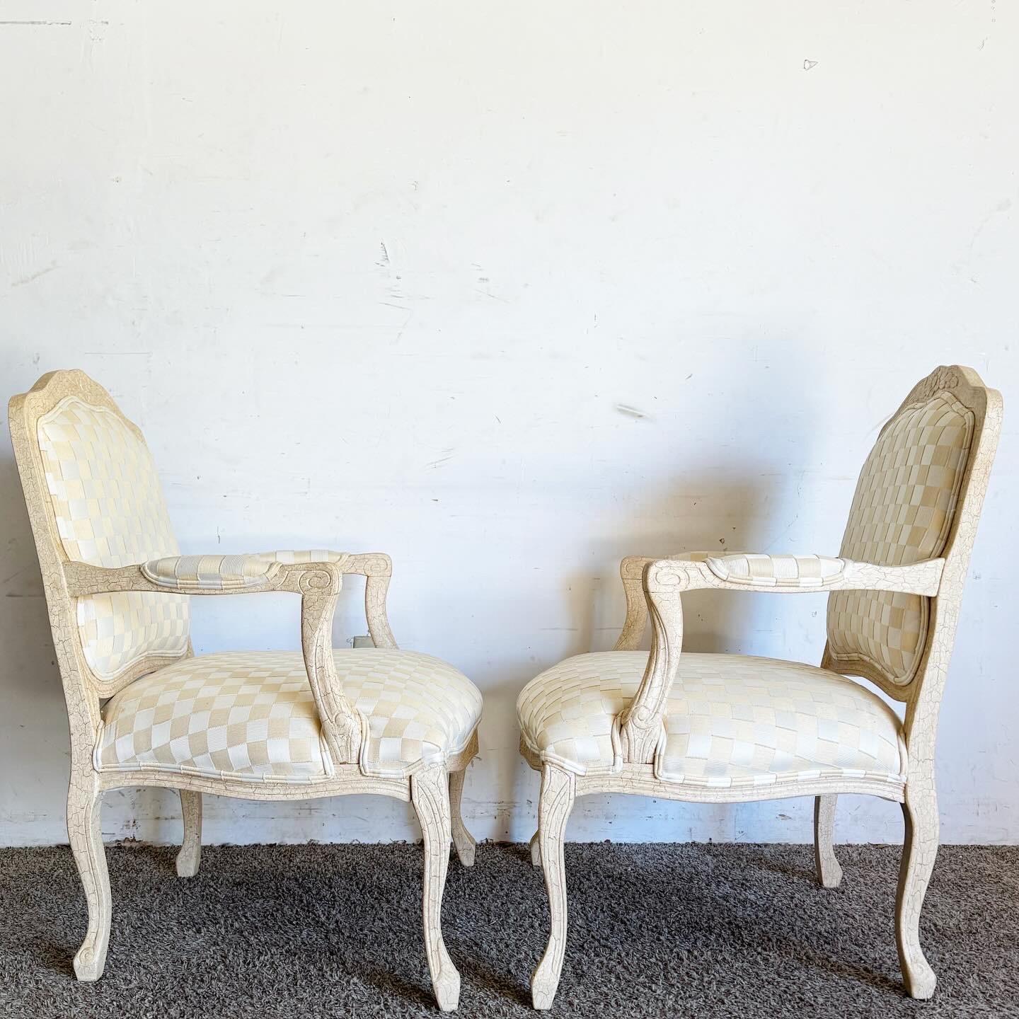 Vintage Regency Cream Crackled Finish Arm Chairs - a Pair For Sale 3