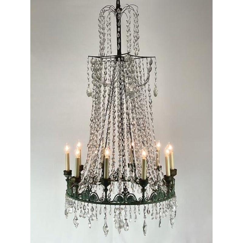 Francese Lampadario Regency d'epoca in cristallo e corda di Verdigris in vendita