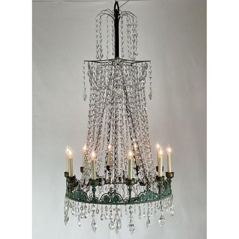 Lampadario Regency d'epoca in cristallo e corda di Verdigris in vendita 2