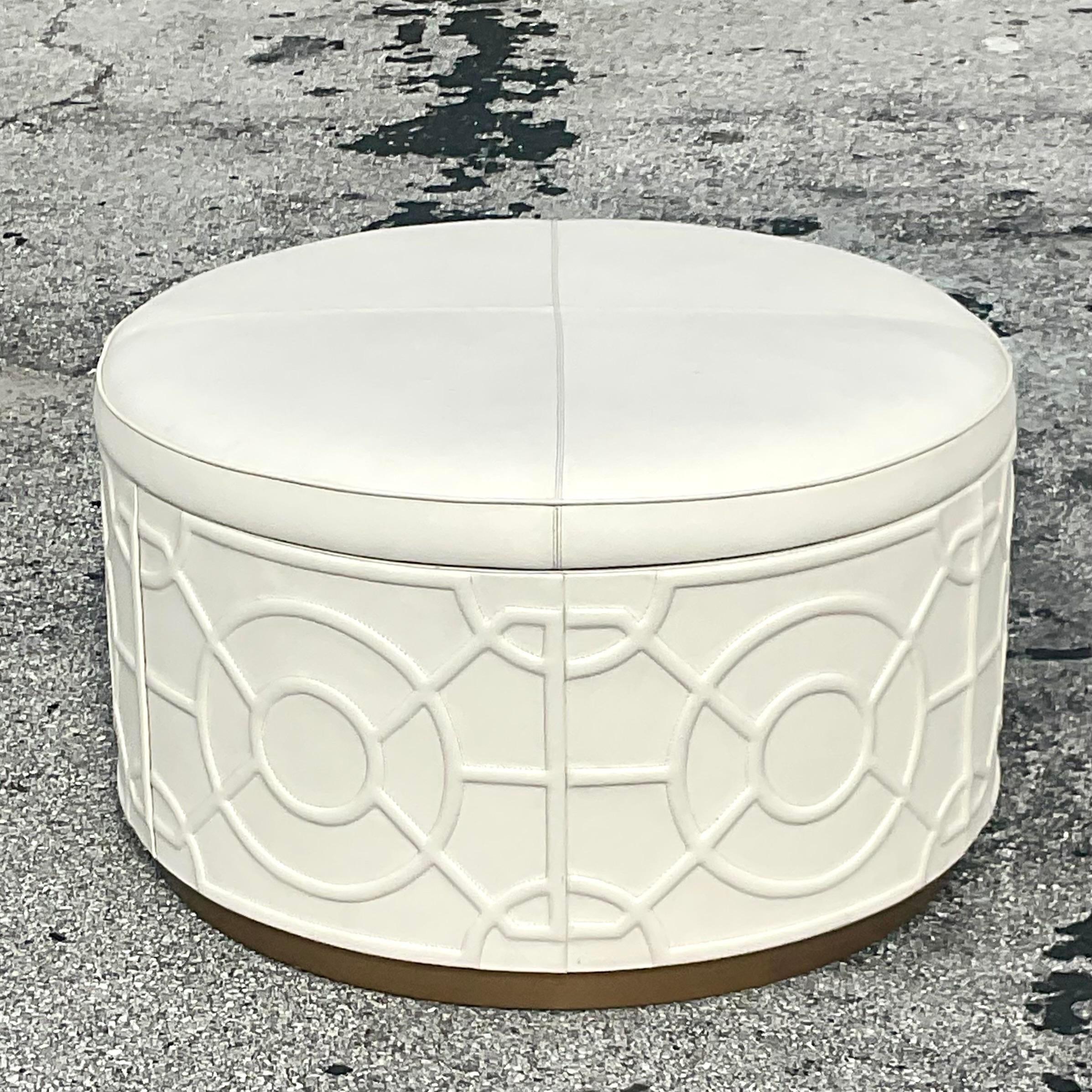 Vintage Regency Currey and Co “Alisa” Leather Storage Ottoman In Good Condition For Sale In west palm beach, FL