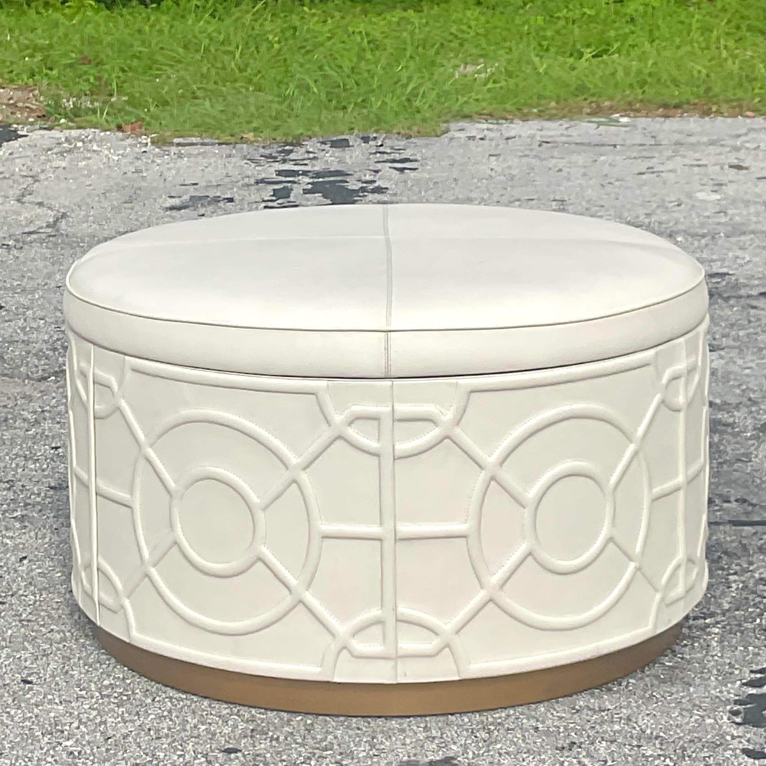 Metal Vintage Regency Currey and Co “Alisa” Leather Storage Ottoman For Sale