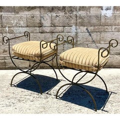 Vintage Regency Curule Wrought Iron Benches, a Pair