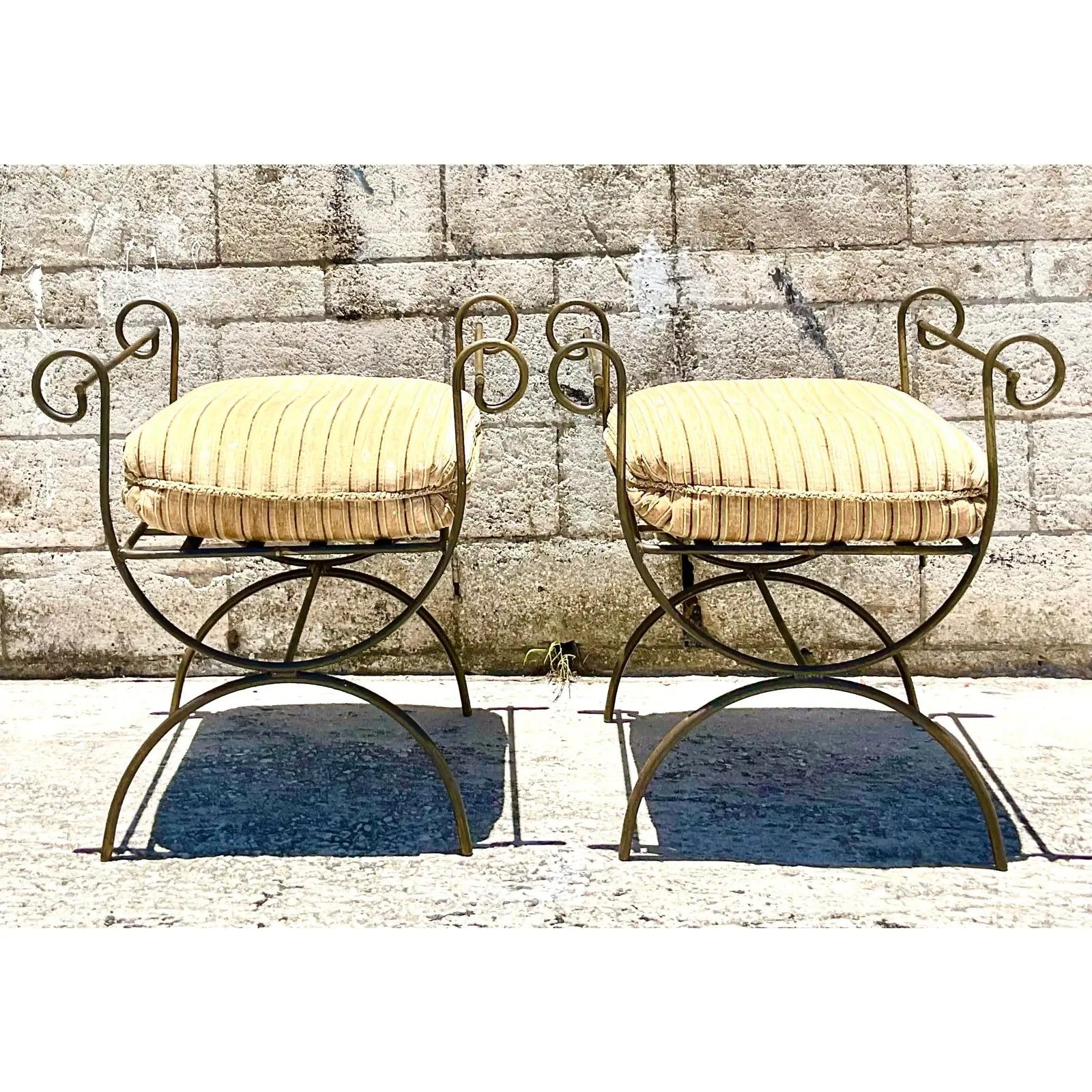 Vintage Regency Curule Wrought Iron Benches, a Pair In Good Condition In west palm beach, FL