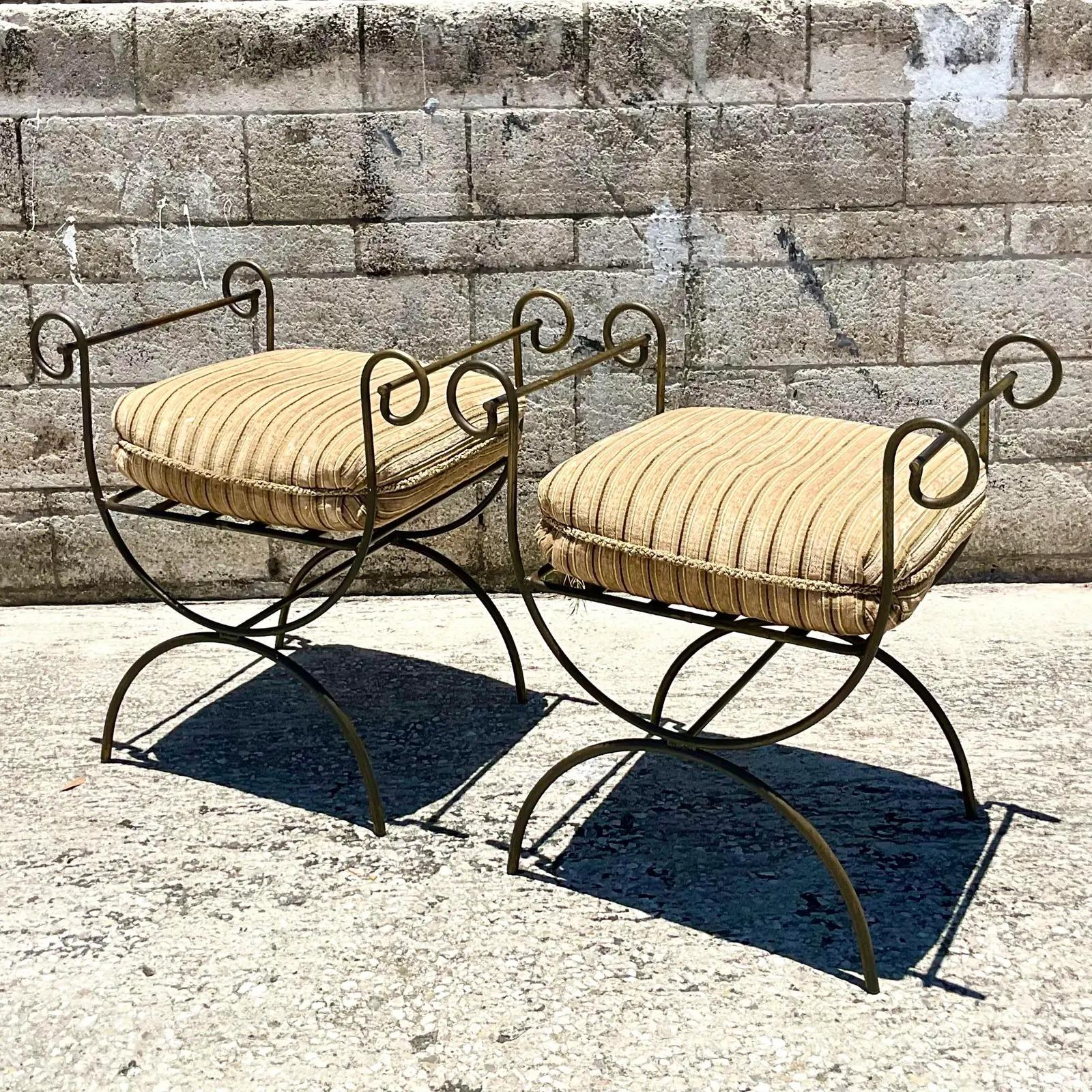 20th Century Vintage Regency Curule Wrought Iron Benches, a Pair