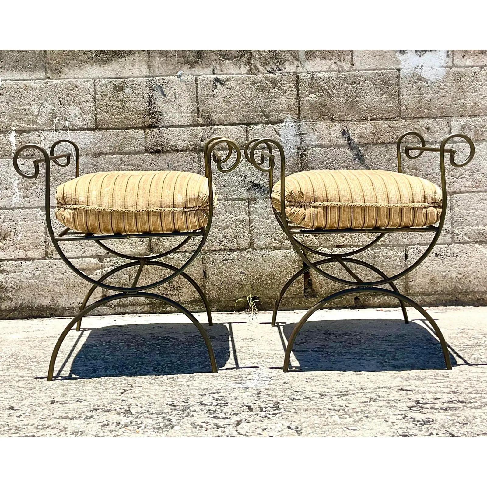 Vintage Regency Curule Wrought Iron Benches, a Pair 1