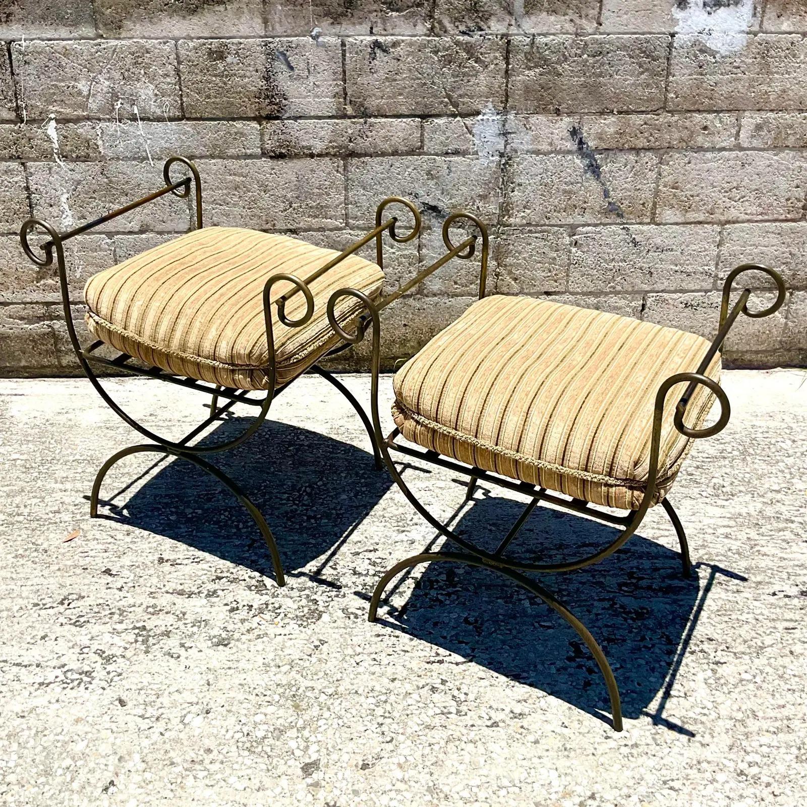 Vintage Regency Curule Wrought Iron Benches, a Pair 2