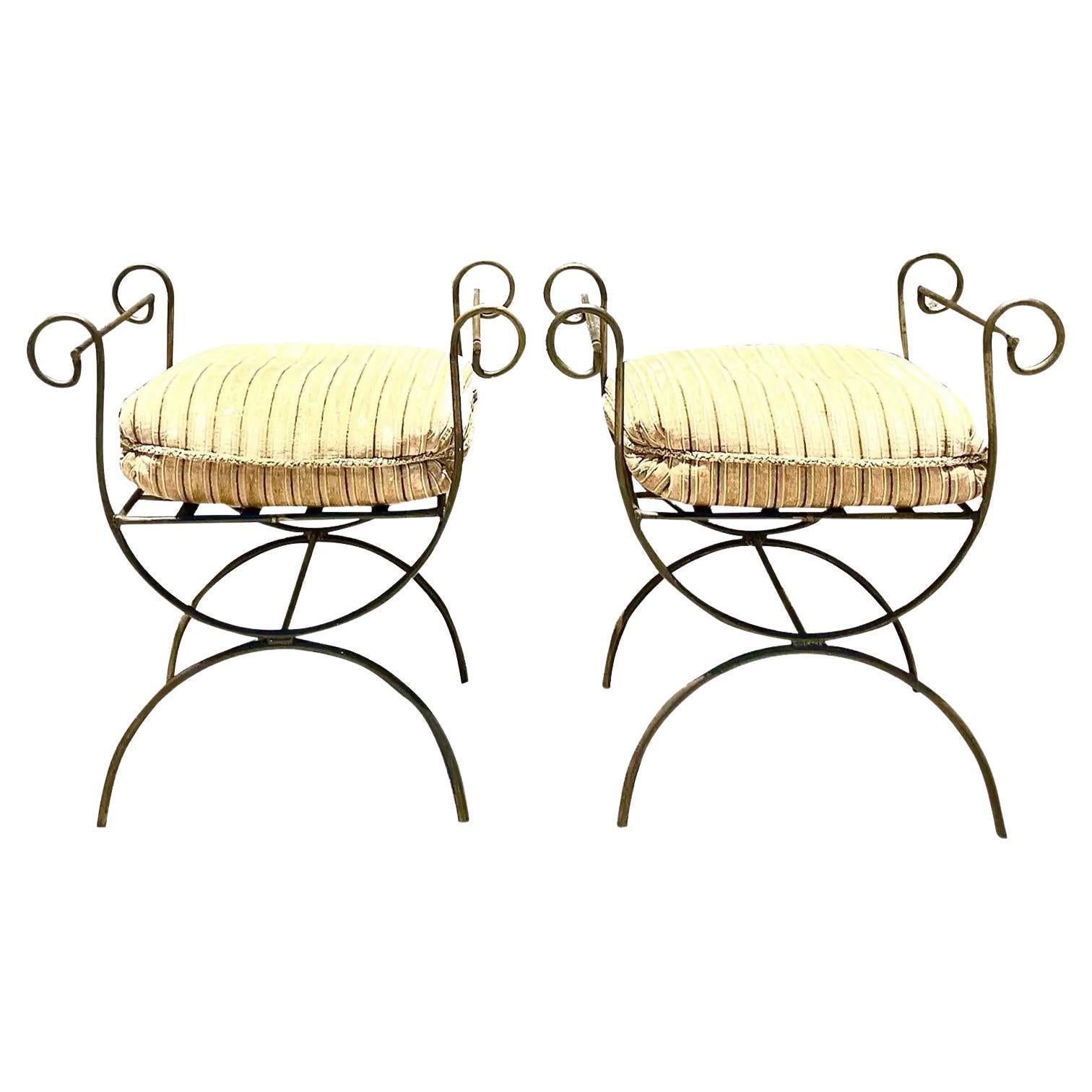 Vintage Regency Curule Wrought Iron Benches, a Pair