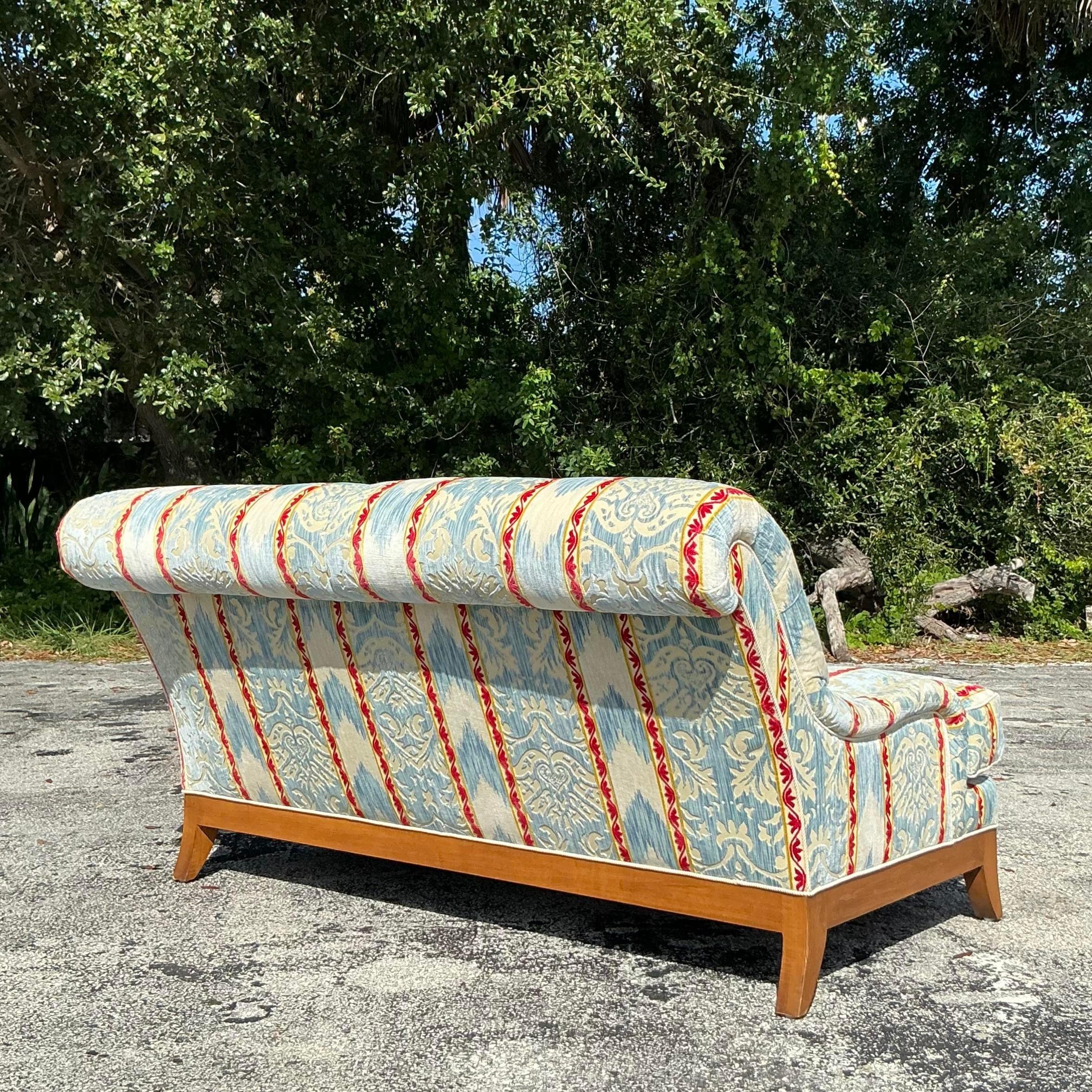 Vintage Regency Custom Devore Loveseat, crafted with plush upholstery and sophisticated style. A chic addition to any refined living area. Acquired from a Palm Beach estate.