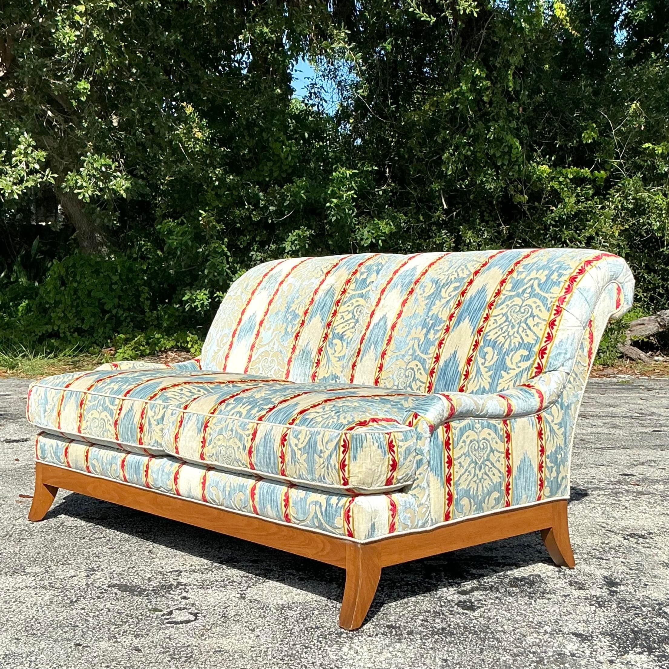 Upholstery Vintage Regency Custom Devore Stripe Loveseat For Sale