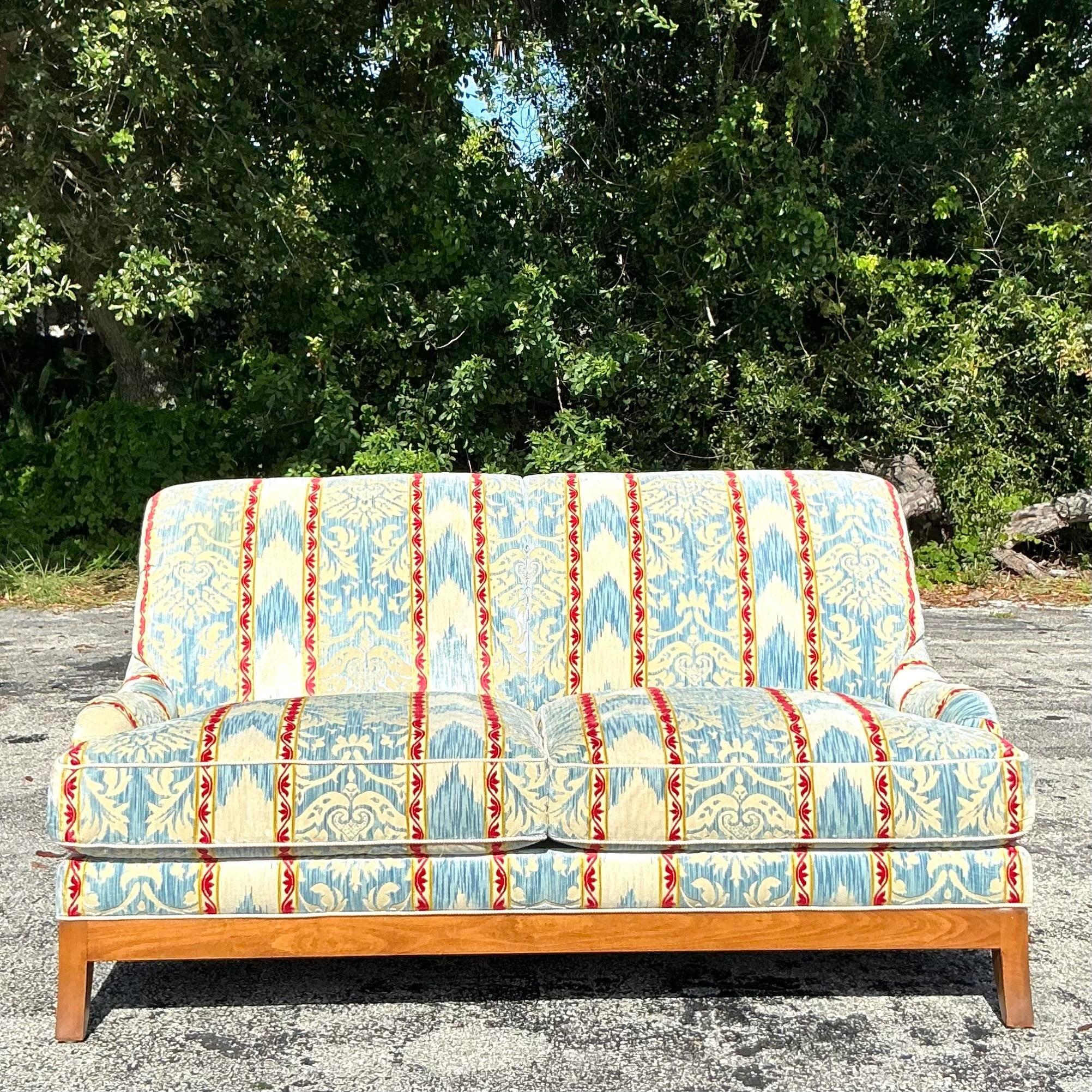 Vintage Regency Custom Devore Stripe Loveseat For Sale 1