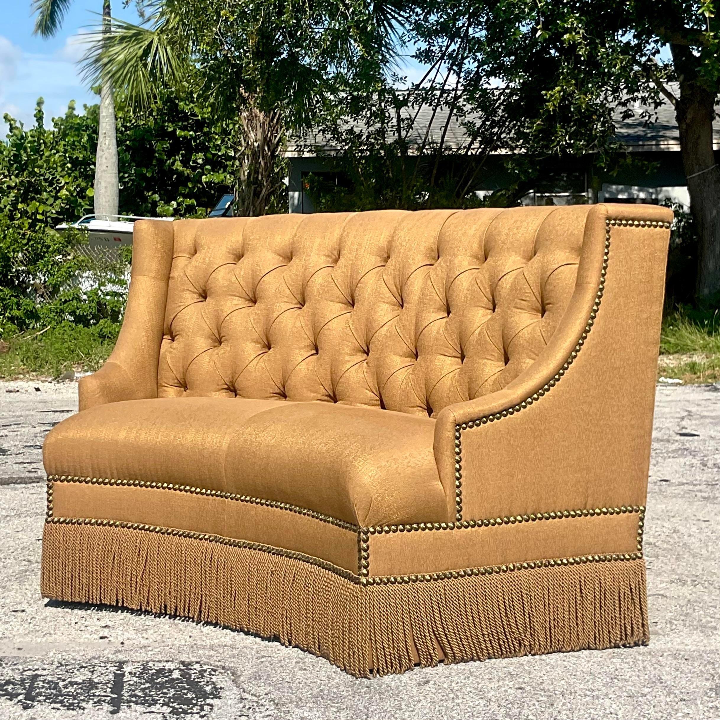 Vintage Regency Custom Tufted Curved Bench In Good Condition In west palm beach, FL