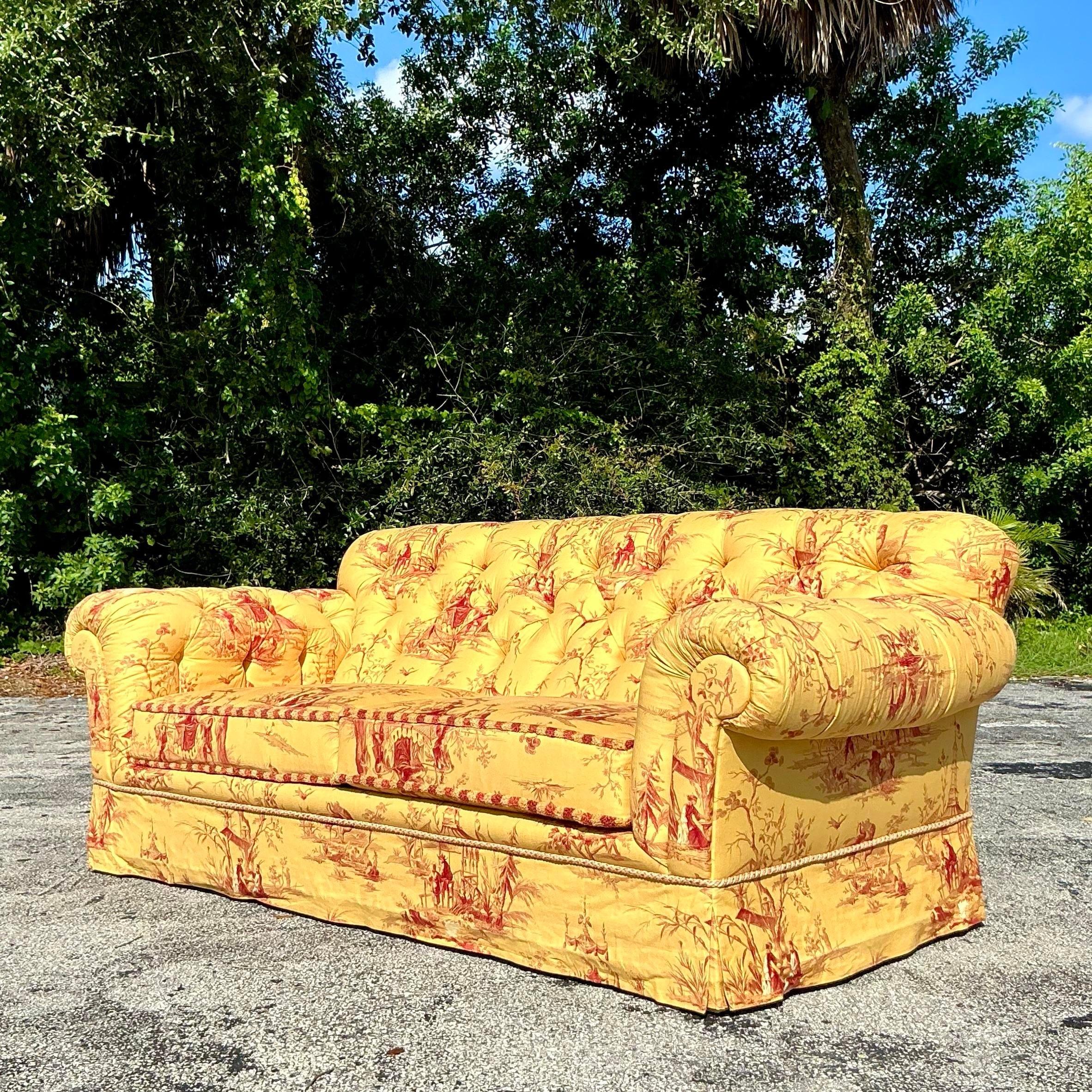 Vintage Regency Custom Tufted Sofa in Pierre Frey Chinoiserie For Sale 4