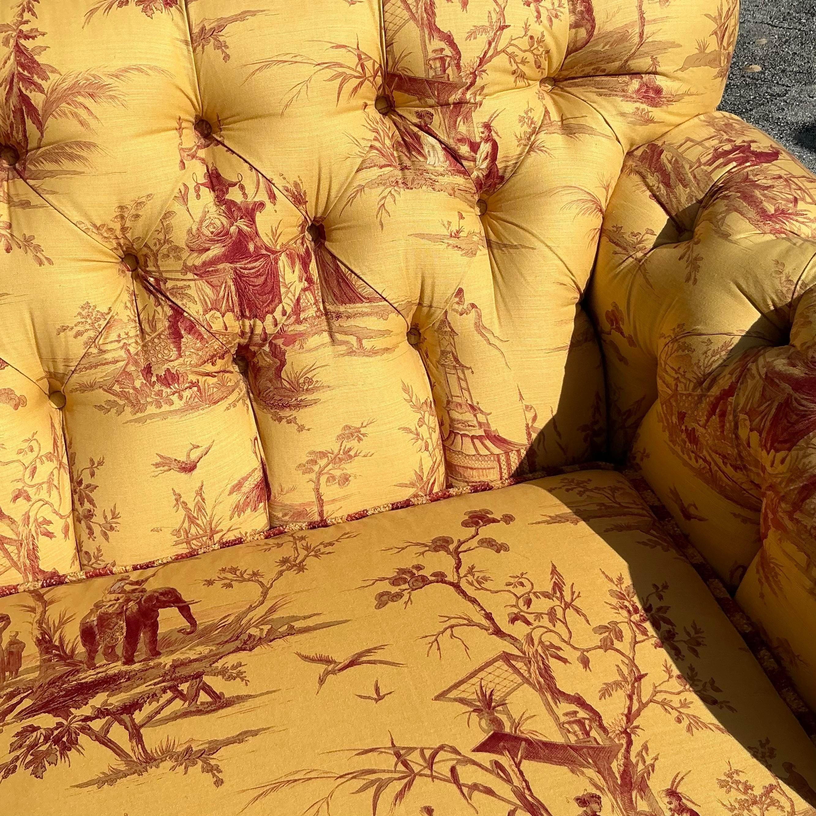 Vintage Regency Custom Tufted Sofa in Pierre Frey Chinoiserie For Sale 5