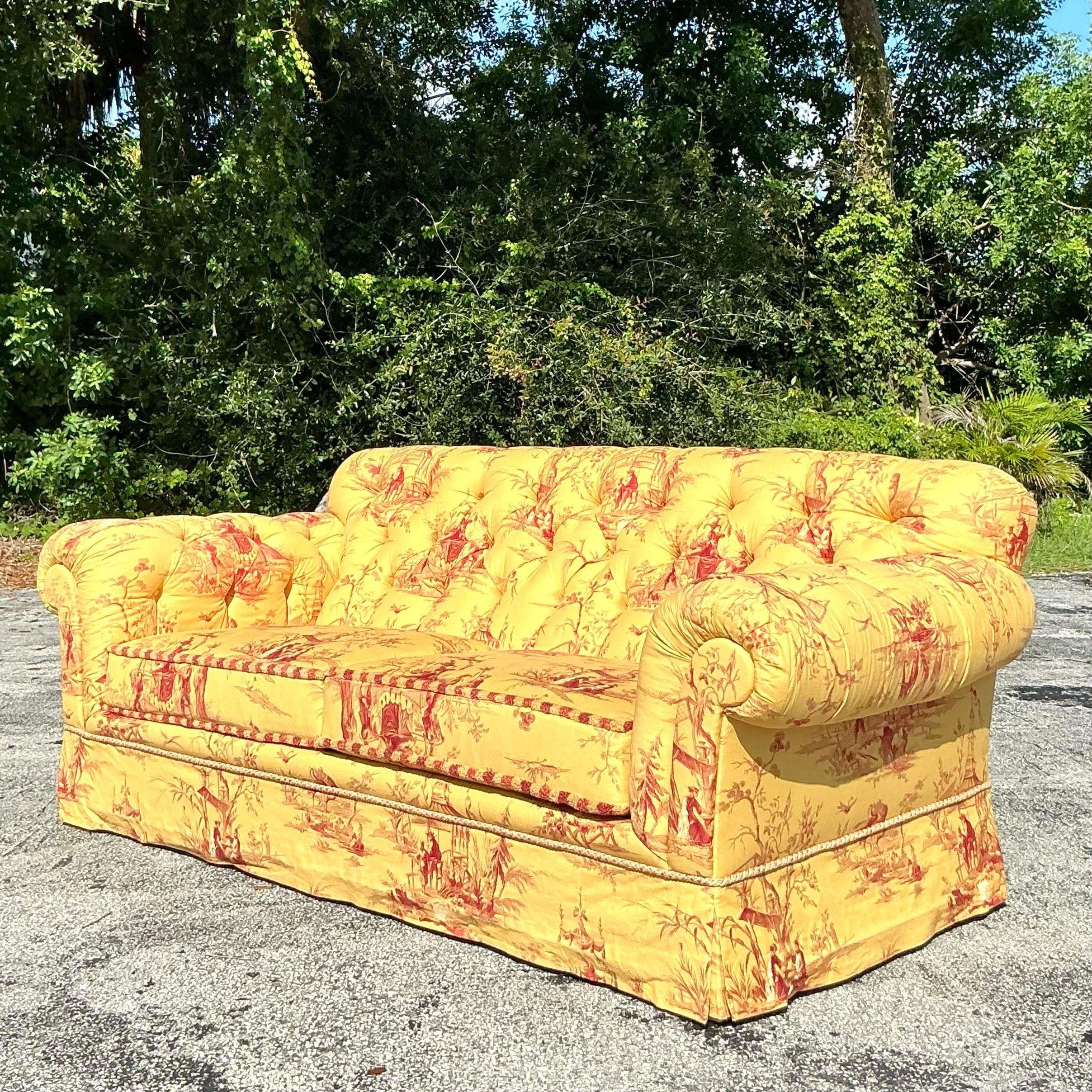 Vintage Regency Custom Tufted Sofa in Pierre Frey Chinoiserie For Sale 6