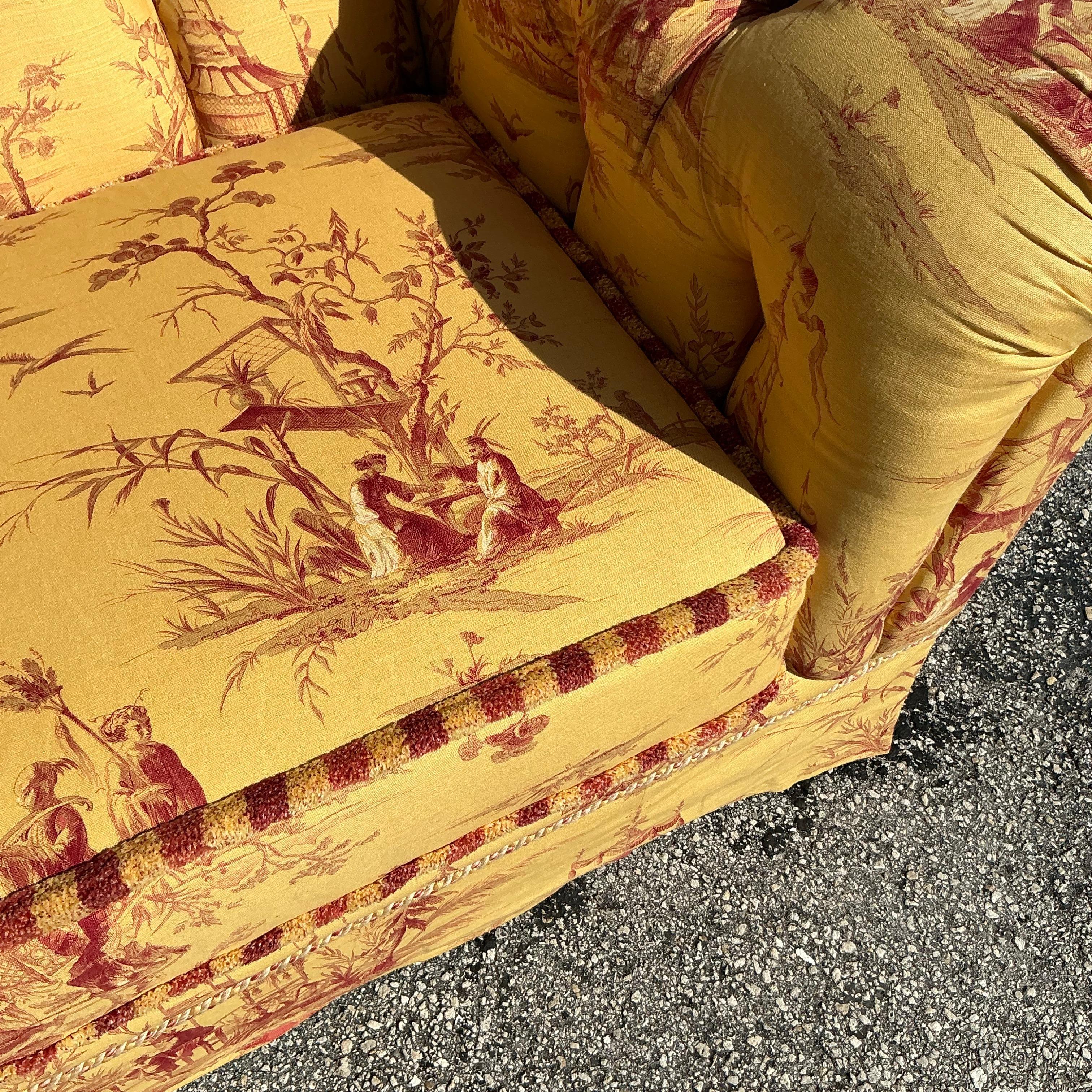 American Vintage Regency Custom Tufted Sofa in Pierre Frey Chinoiserie For Sale
