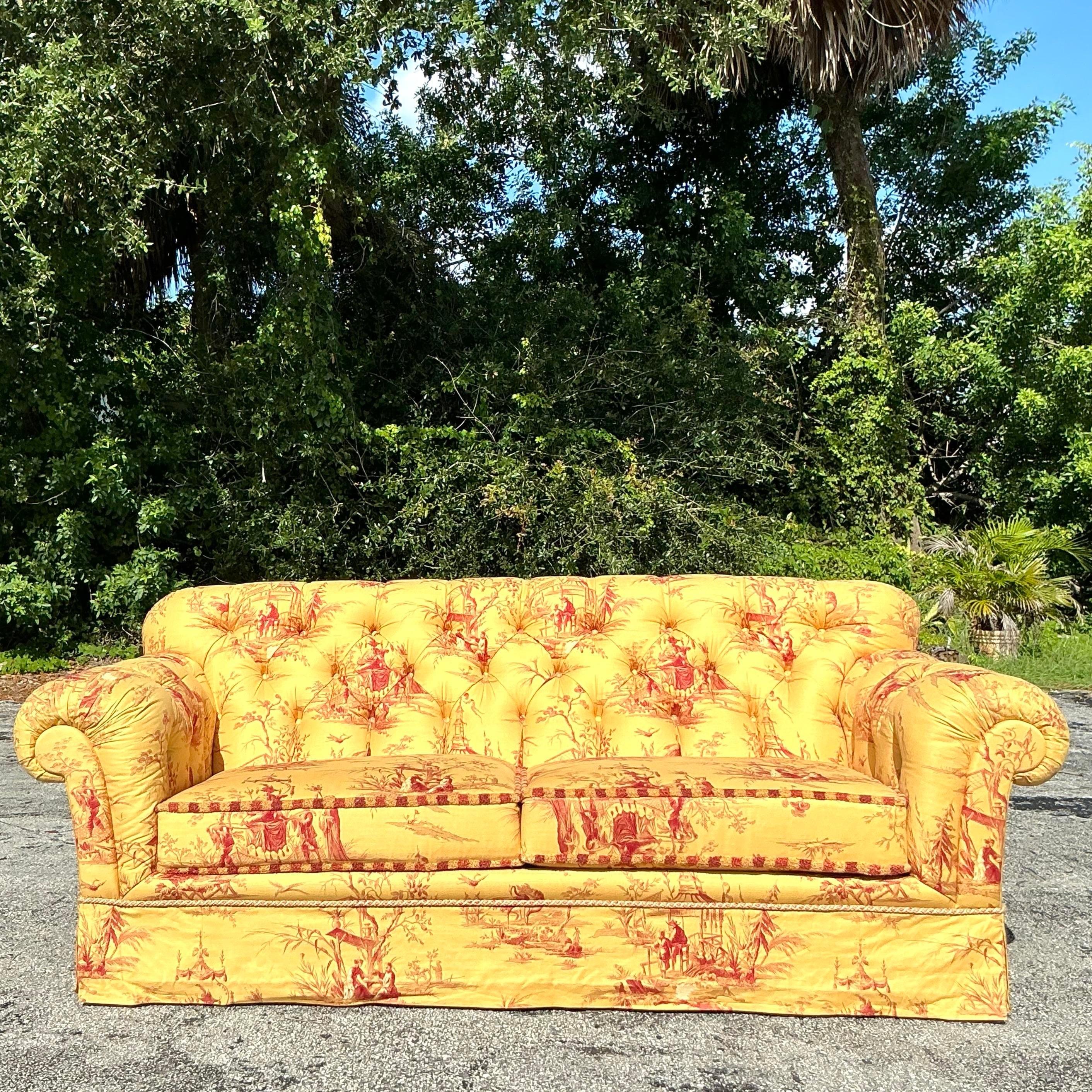 Vintage Regency Custom Tufted Sofa in Pierre Frey Chinoiserie In Good Condition For Sale In west palm beach, FL