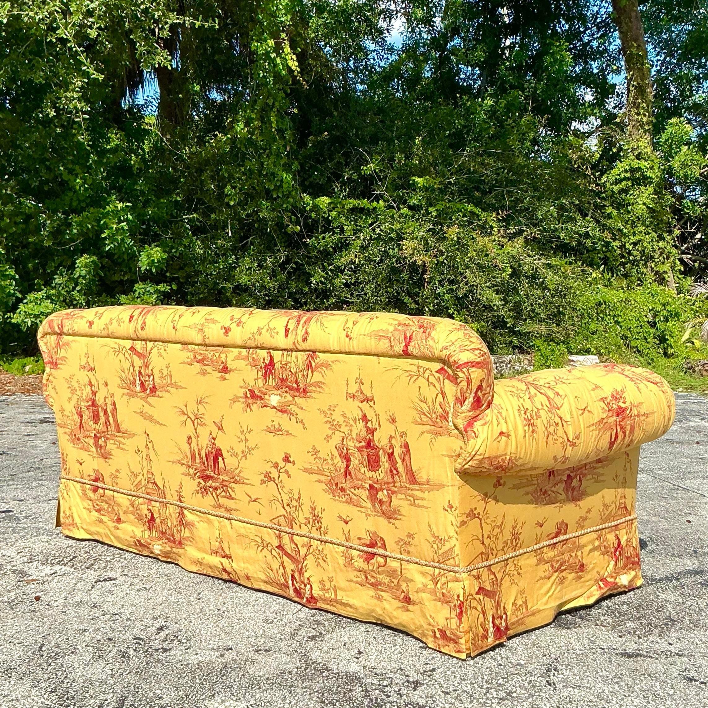 20th Century Vintage Regency Custom Tufted Sofa in Pierre Frey Chinoiserie For Sale