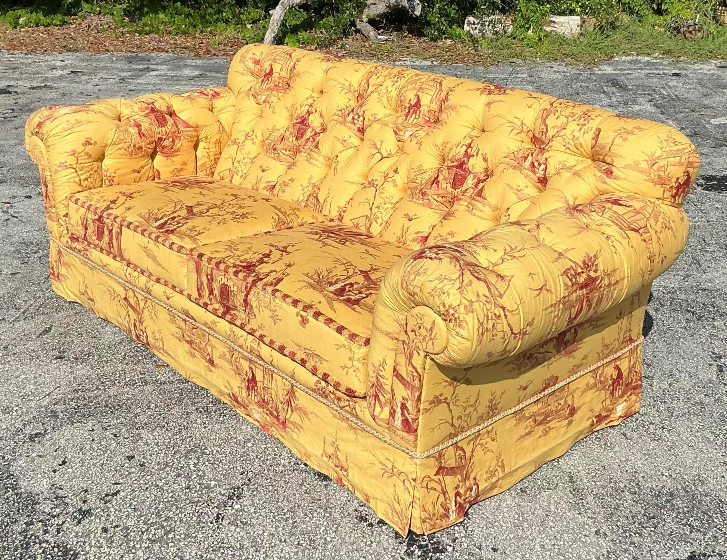 Fabric Vintage Regency Custom Tufted Sofa in Pierre Frey Chinoiserie For Sale