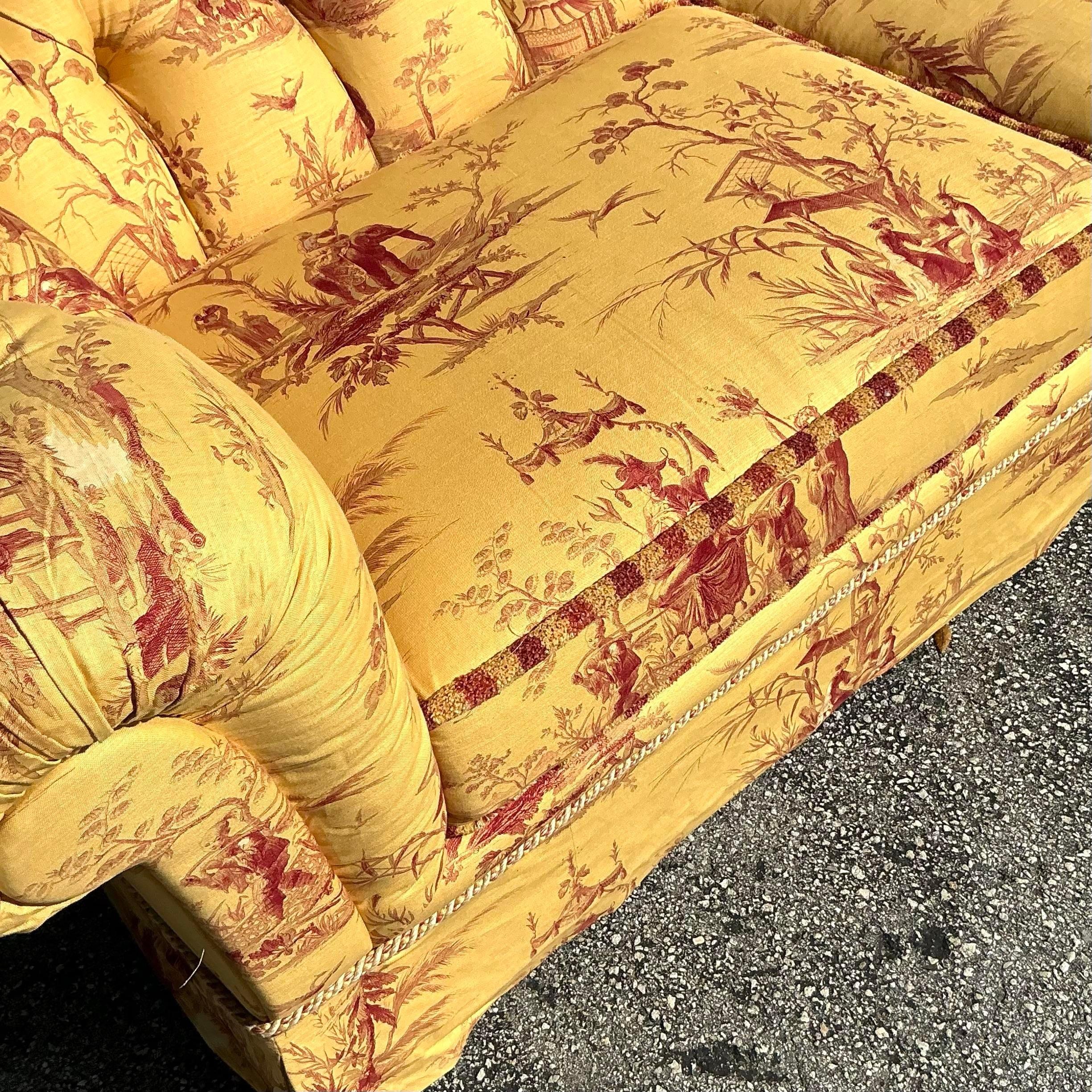 Vintage Regency Custom Tufted Sofa in Pierre Frey Chinoiserie For Sale 1
