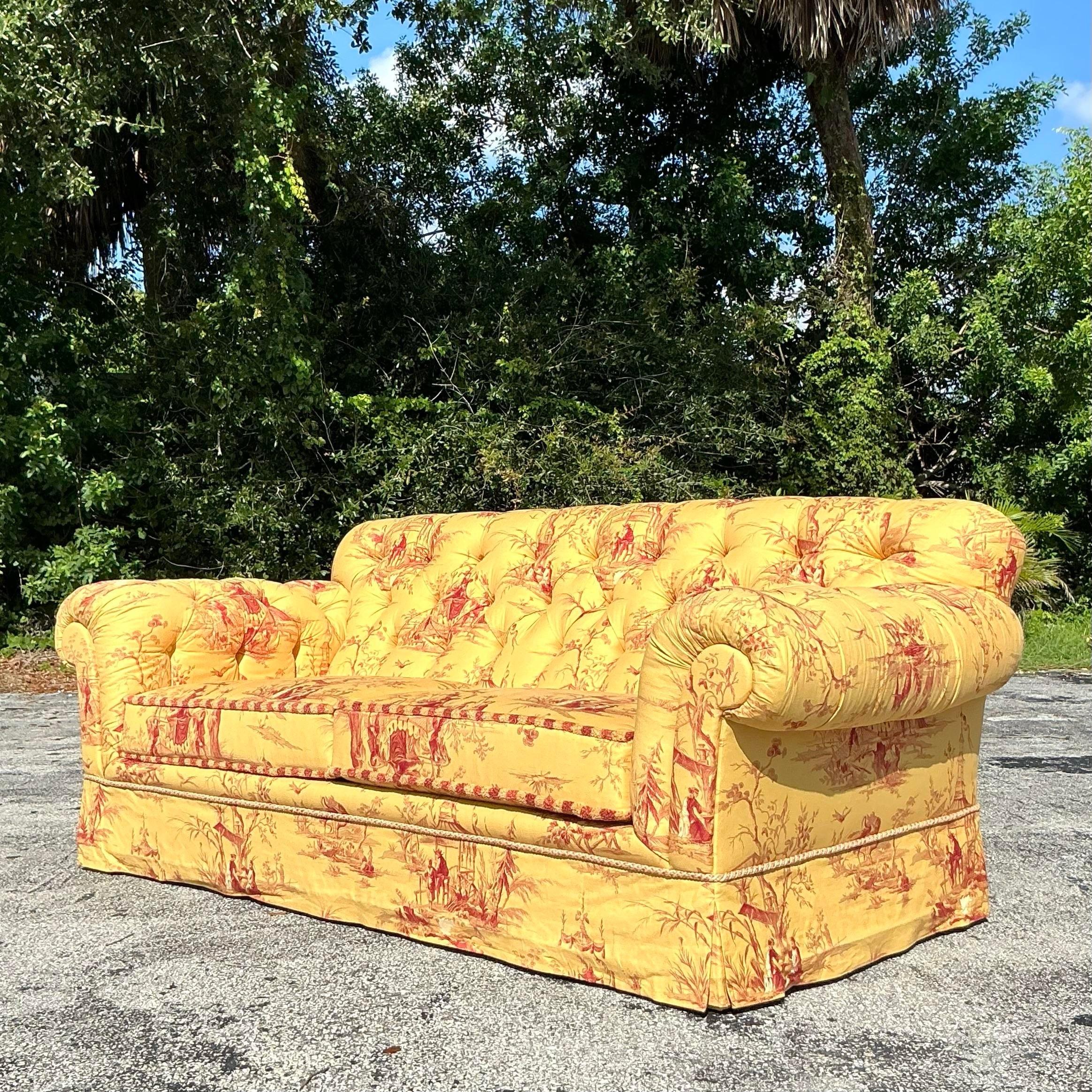 Vintage Regency Custom Tufted Sofa in Pierre Frey Chinoiserie For Sale 2