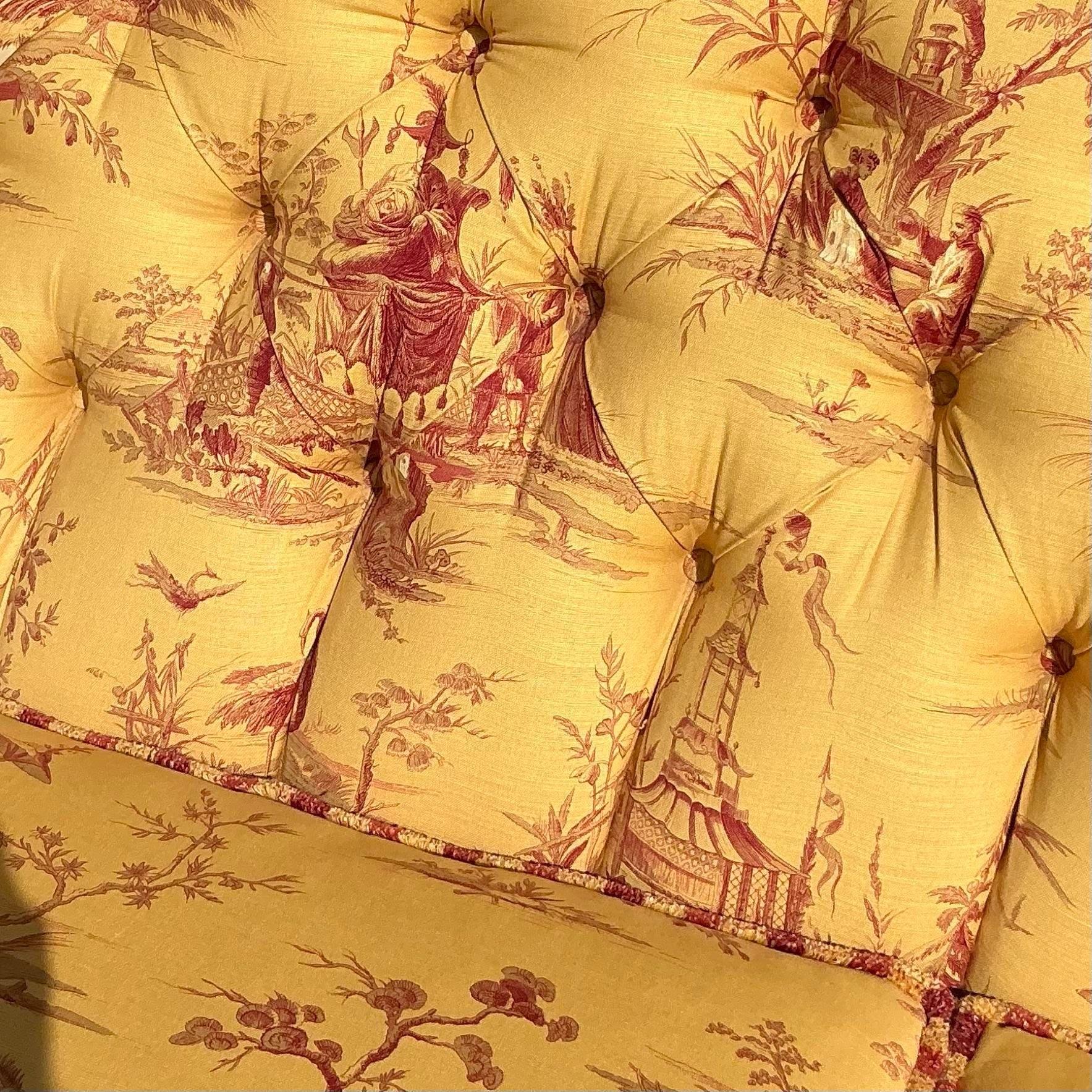 Vintage Regency Custom Tufted Sofa in Pierre Frey Chinoiserie For Sale 3
