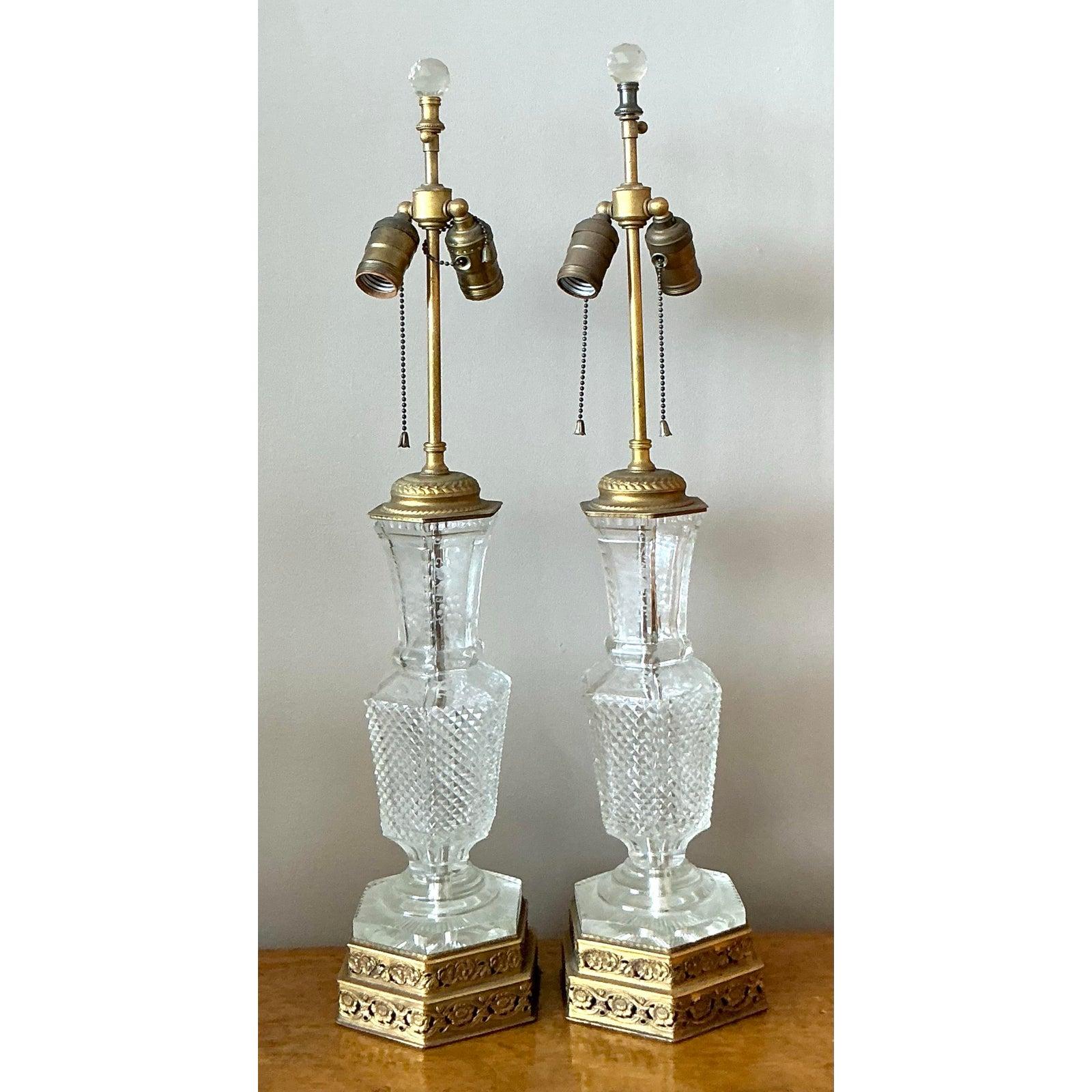 Neoclassical Vintage Regency Cut Crystal Lamps - A Pair For Sale