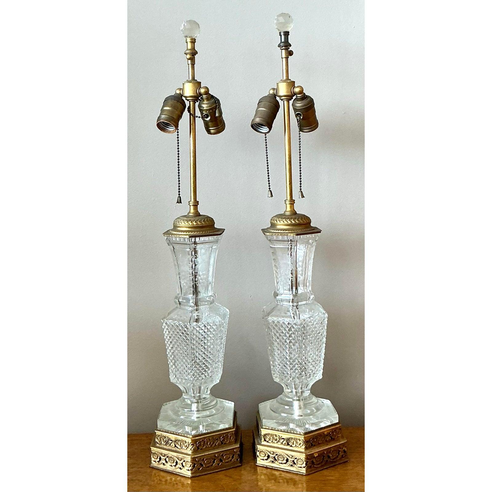 American Vintage Regency Cut Crystal Lamps - A Pair For Sale