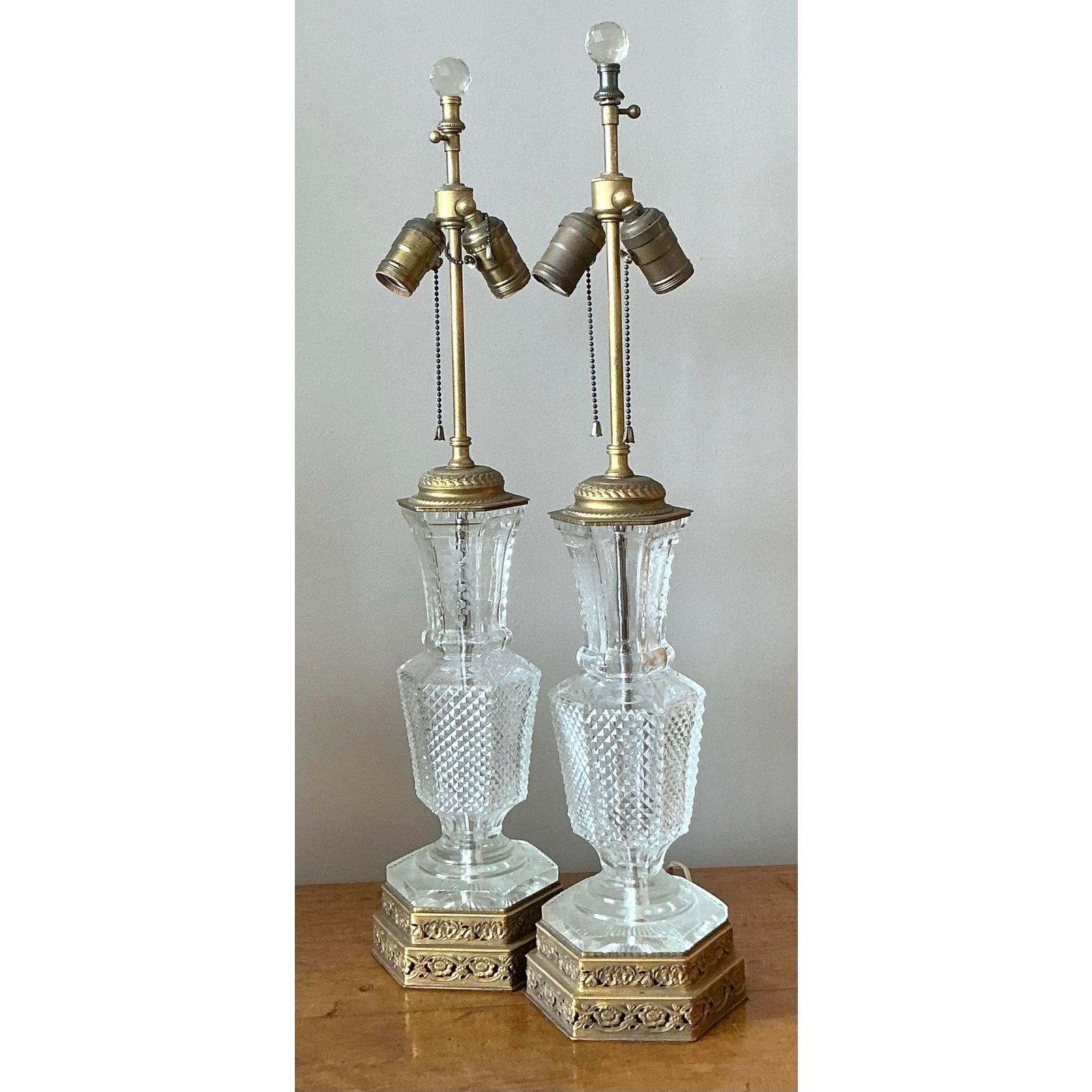 Vintage Regency Cut Crystal Lamps - A Pair In Good Condition For Sale In West Palm Beach, FL