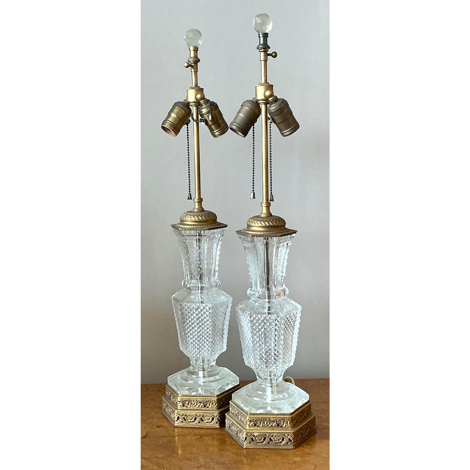 Metal Vintage Regency Cut Crystal Lamps - A Pair For Sale