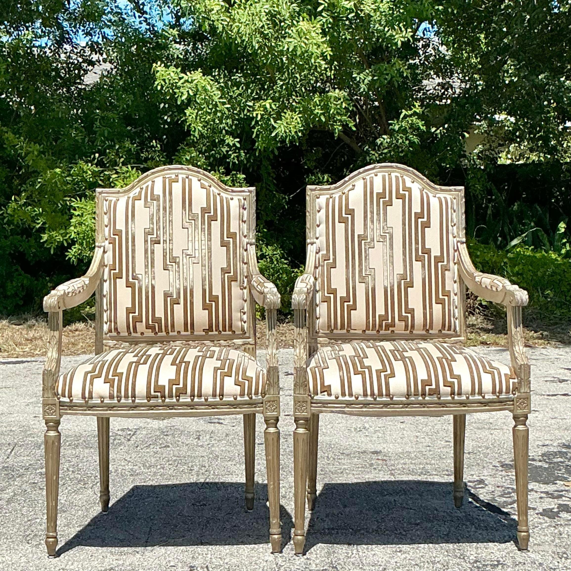 Vintage Regency Cut Velvet Bergere Chairs - a Pair In Good Condition For Sale In west palm beach, FL