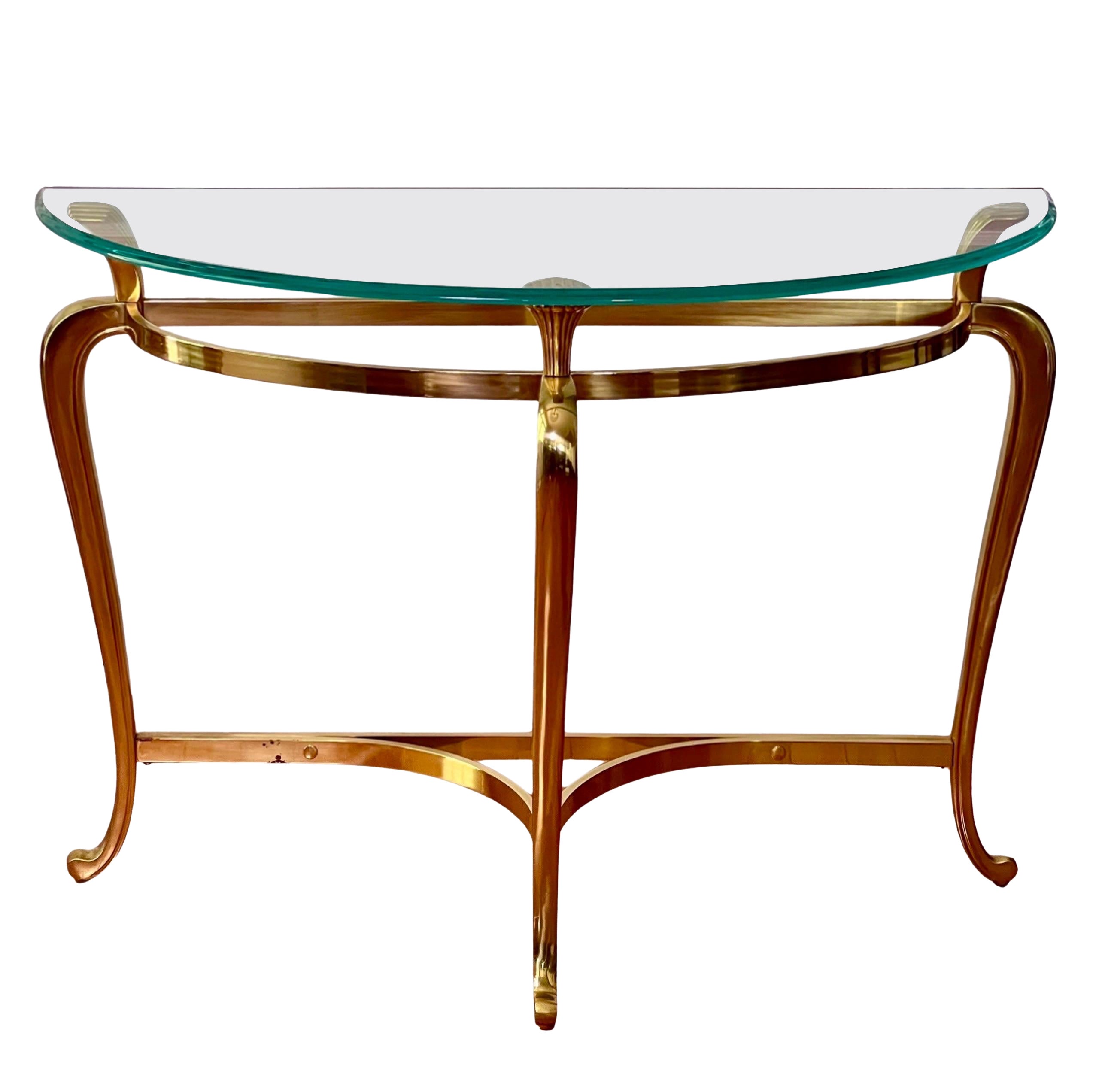 Tavolo consolle vintage Regency Demilune in ottone massiccio e vetro