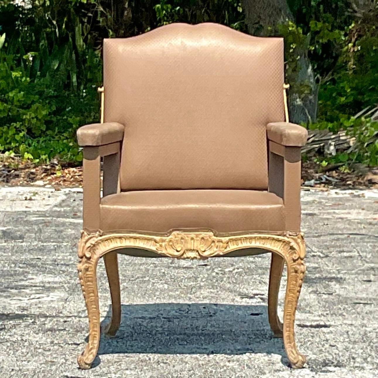 Vintage Regency Dessin-Fournier Ratchet Back Fauteuil Chair In Good Condition For Sale In west palm beach, FL