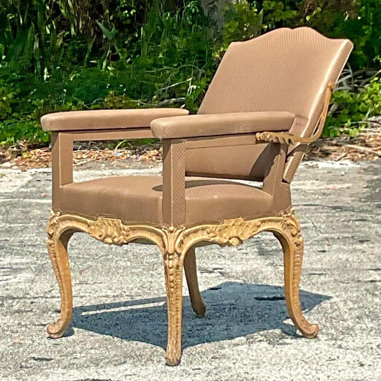 Fabric Vintage Regency Dessin-Fournier Ratchet Back Fauteuil Chair For Sale