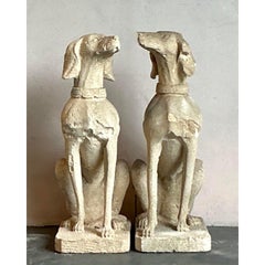 Vintage Regency Distressed Cast Concrete Dogs
