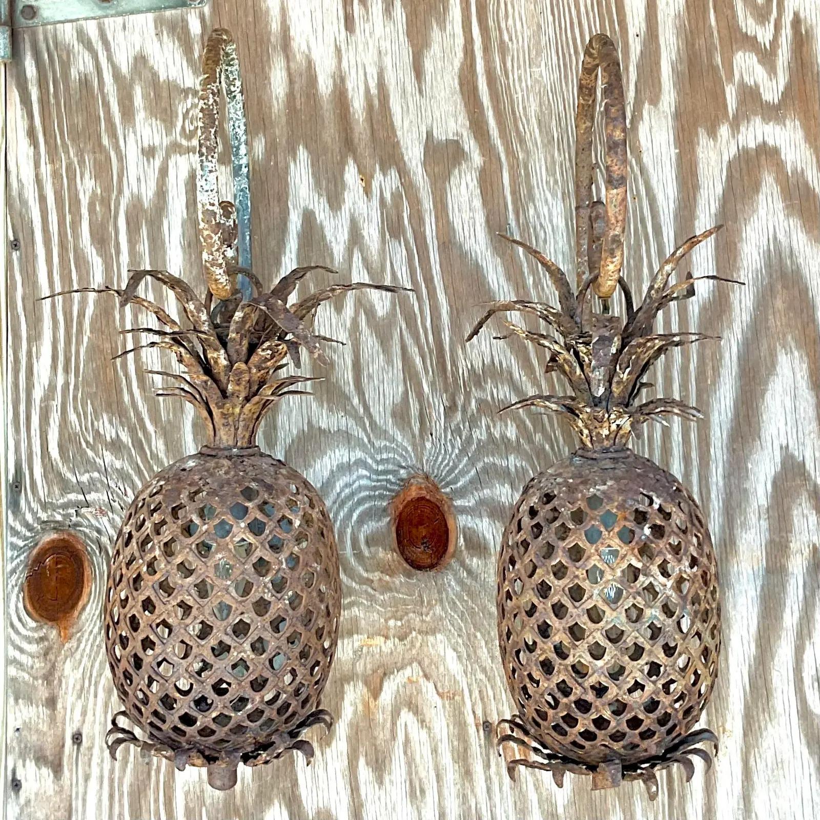 Vintage Regency Distressed Copper Pineapple Sconces, a Pair In Good Condition In west palm beach, FL